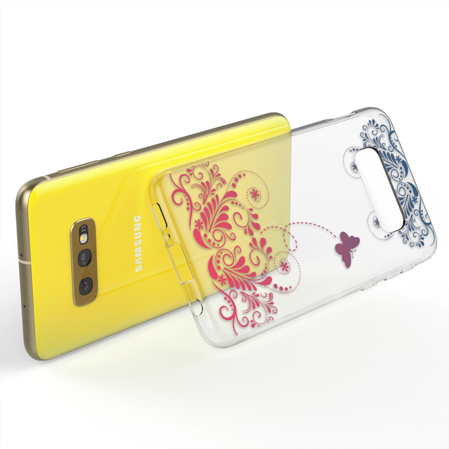 Gelbes Telefon mit klarer Hülle, Blumendesign. Eine klare Hülle liegt in der Nähe des Telefons.