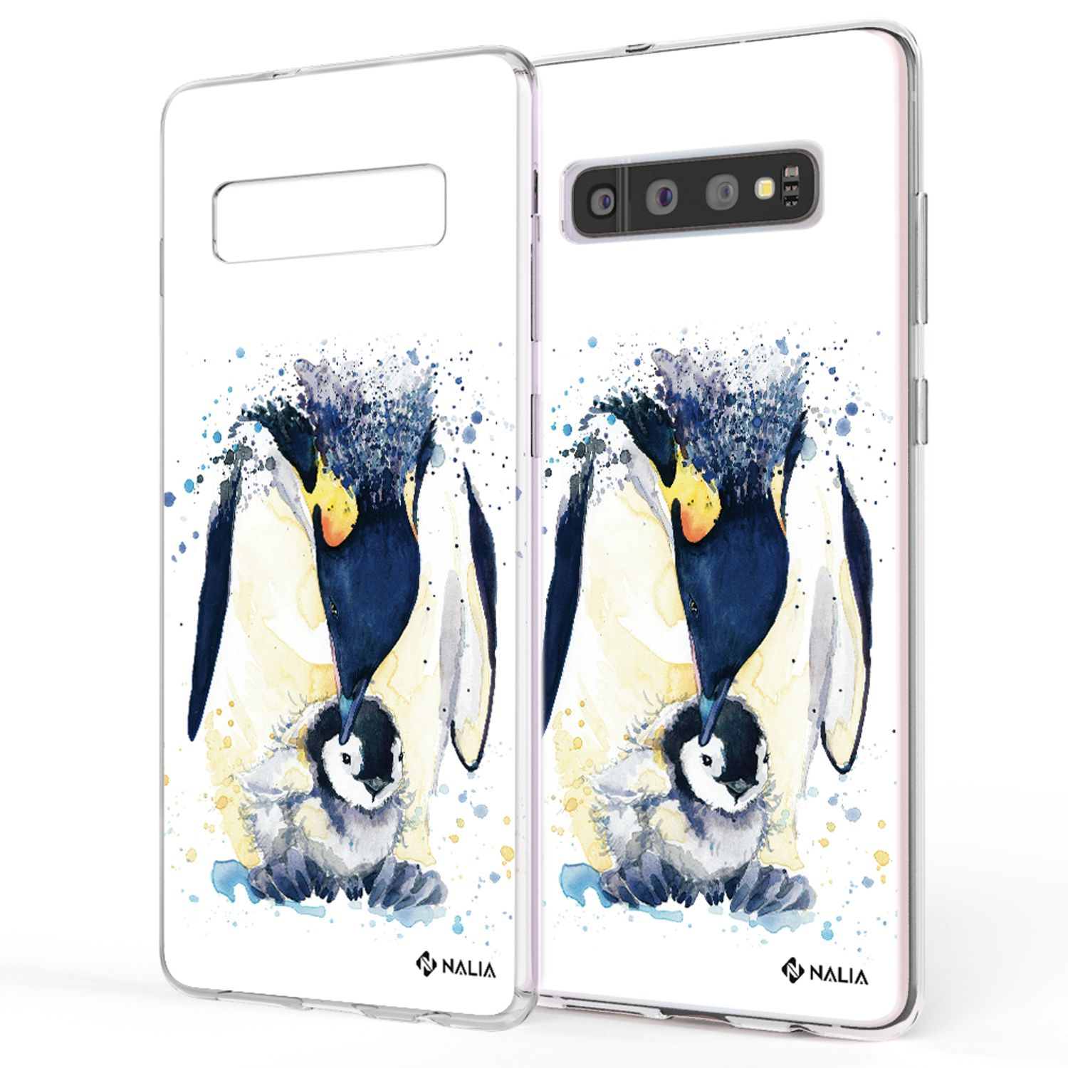 Zwei transparente Handyhüllen mit Pinguin-Kunst. Eine Hülle vorne, die andere hinten.