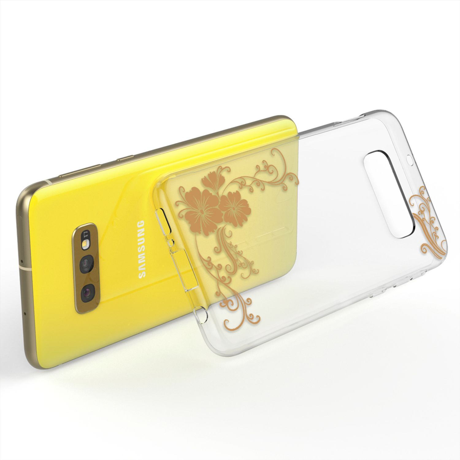 Gelbes Telefon und transparente Hülle mit Blumendesign. Braunes Blumenmuster. Weißer Hintergrund.