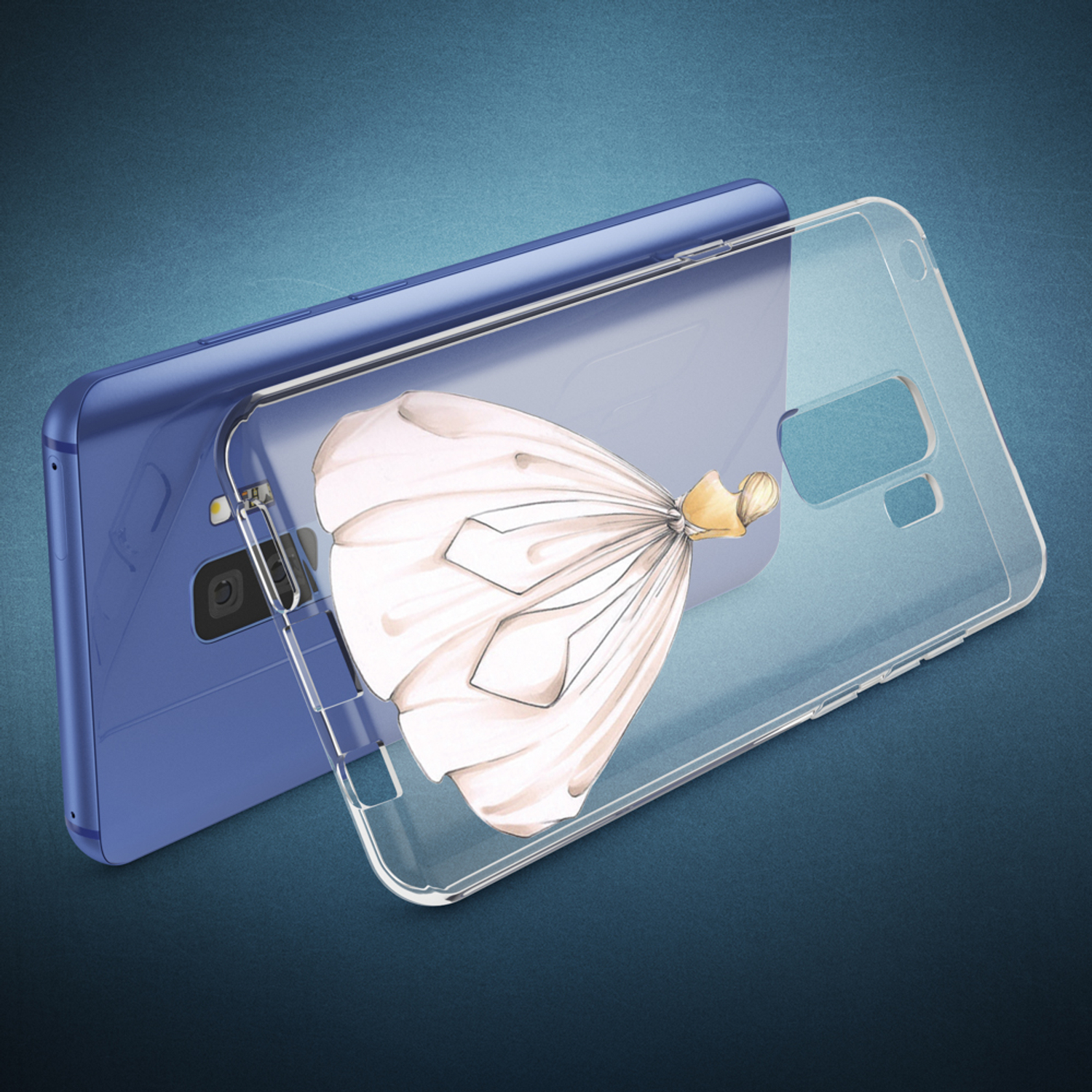 Blaues Telefon mit transparenter Hülle und Kleiderdesign. Das Design ist ein Hochzeitskleid.