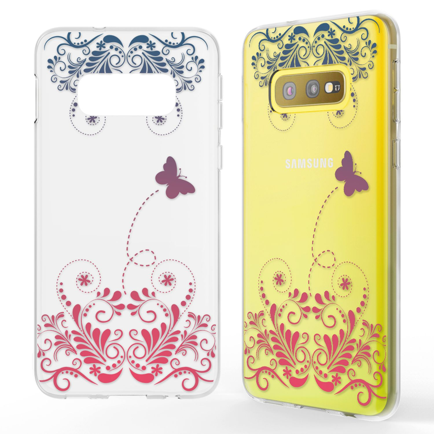 Ein gelbes Telefon mit Schmetterlings-Design-Hülle neben einer transparenten Hülle mit gleichem Design.