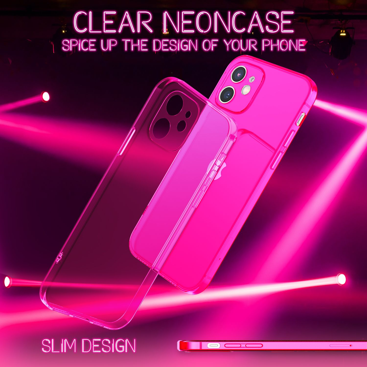 Pinke Handyhüllen, eine auf einem Telefon. Der Hintergrund ist pink und enthält Text. Transparente Neonhülle.