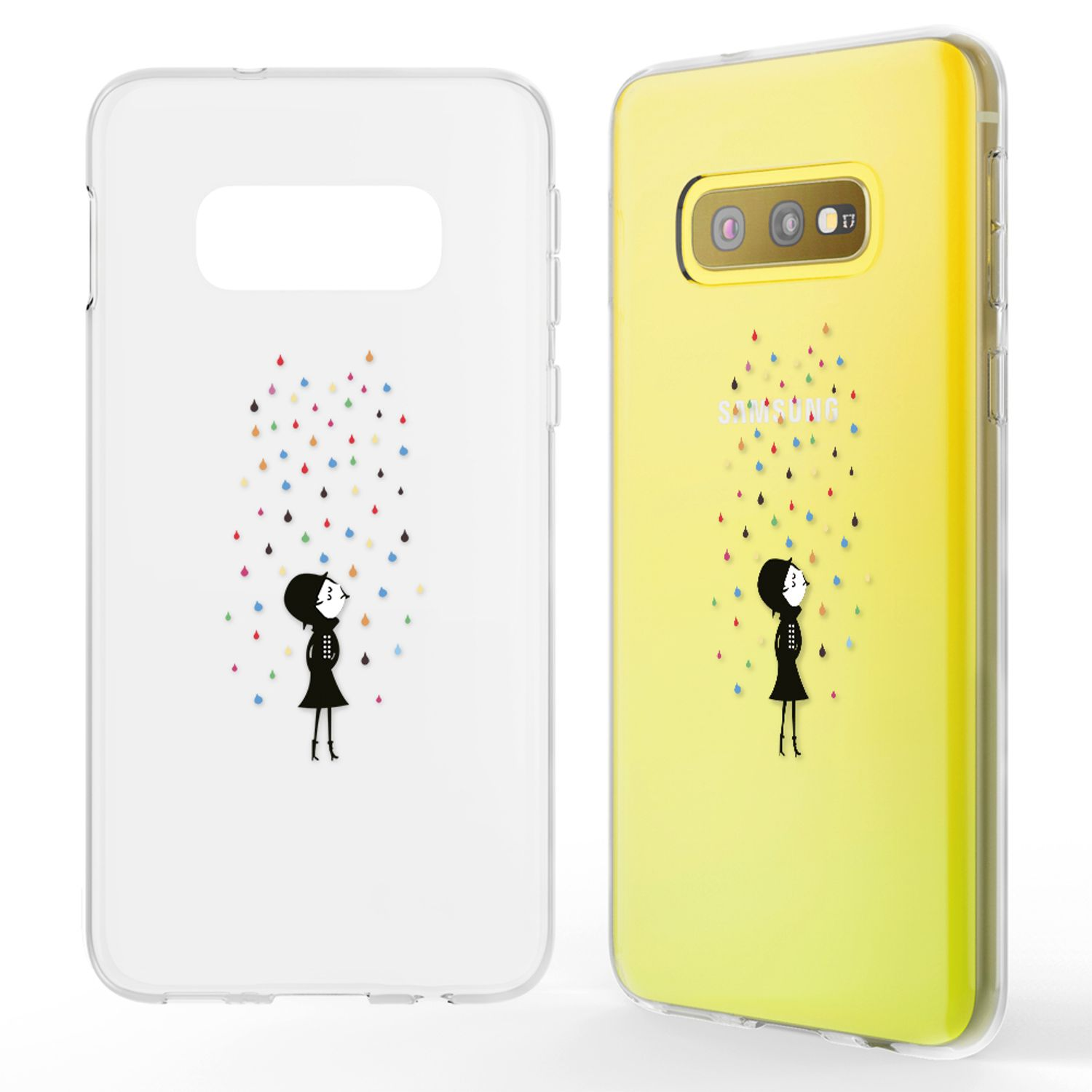 Eine Handyhülle mit einem Mädchen unter Regen und ein Telefon mit gelbem Gehäuse.