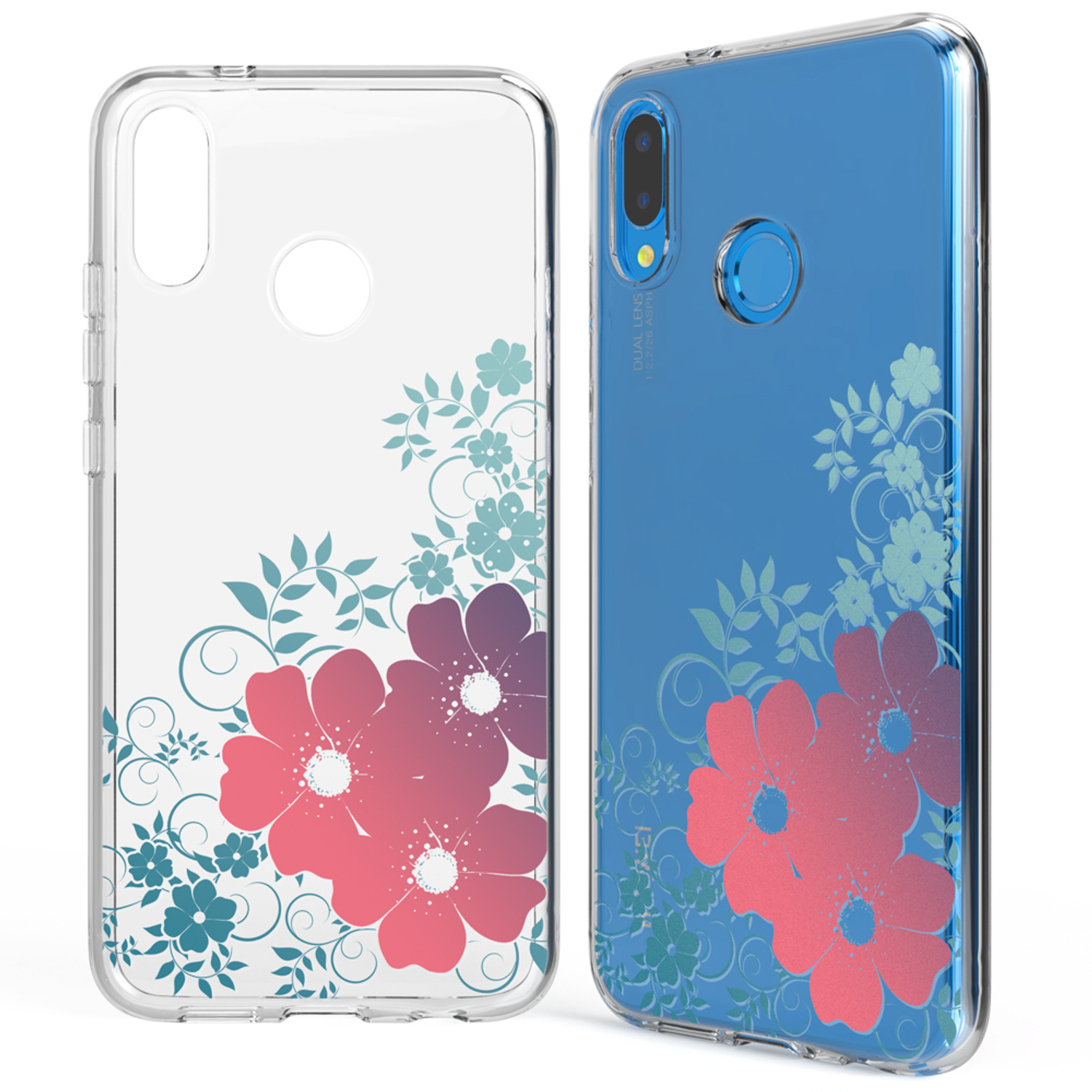 Handyhülle mit einem Blumendesign. Das Telefon ist blau.