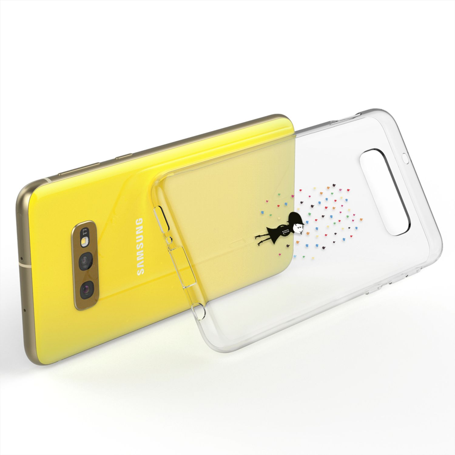 Gelbes Telefon mit transparenter Hülle. Hülle hat Mädchen- und Herz-Design.