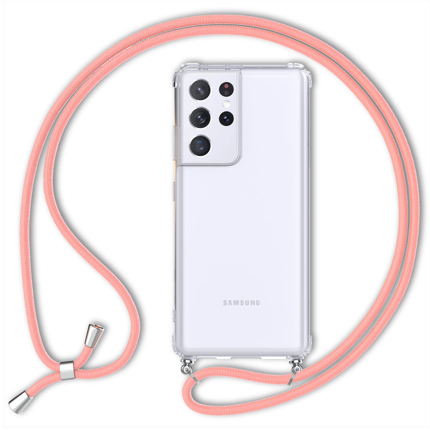 Transparente Handyhülle mit pinkfarbenem Riemen. Rückseite und Kamera des Telefons sichtbar.