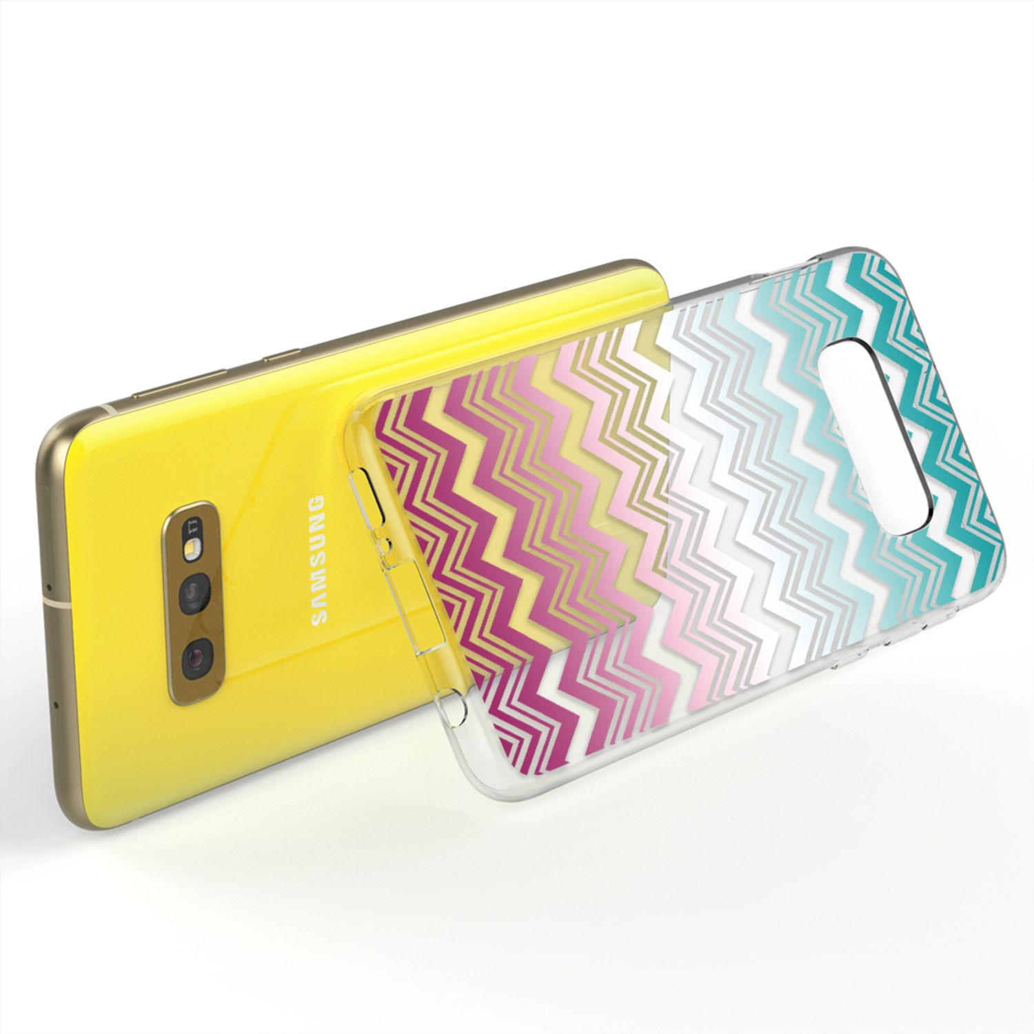 Handyhülle mit Zickzackmuster. Gelbes Telefon hinter der Hülle.