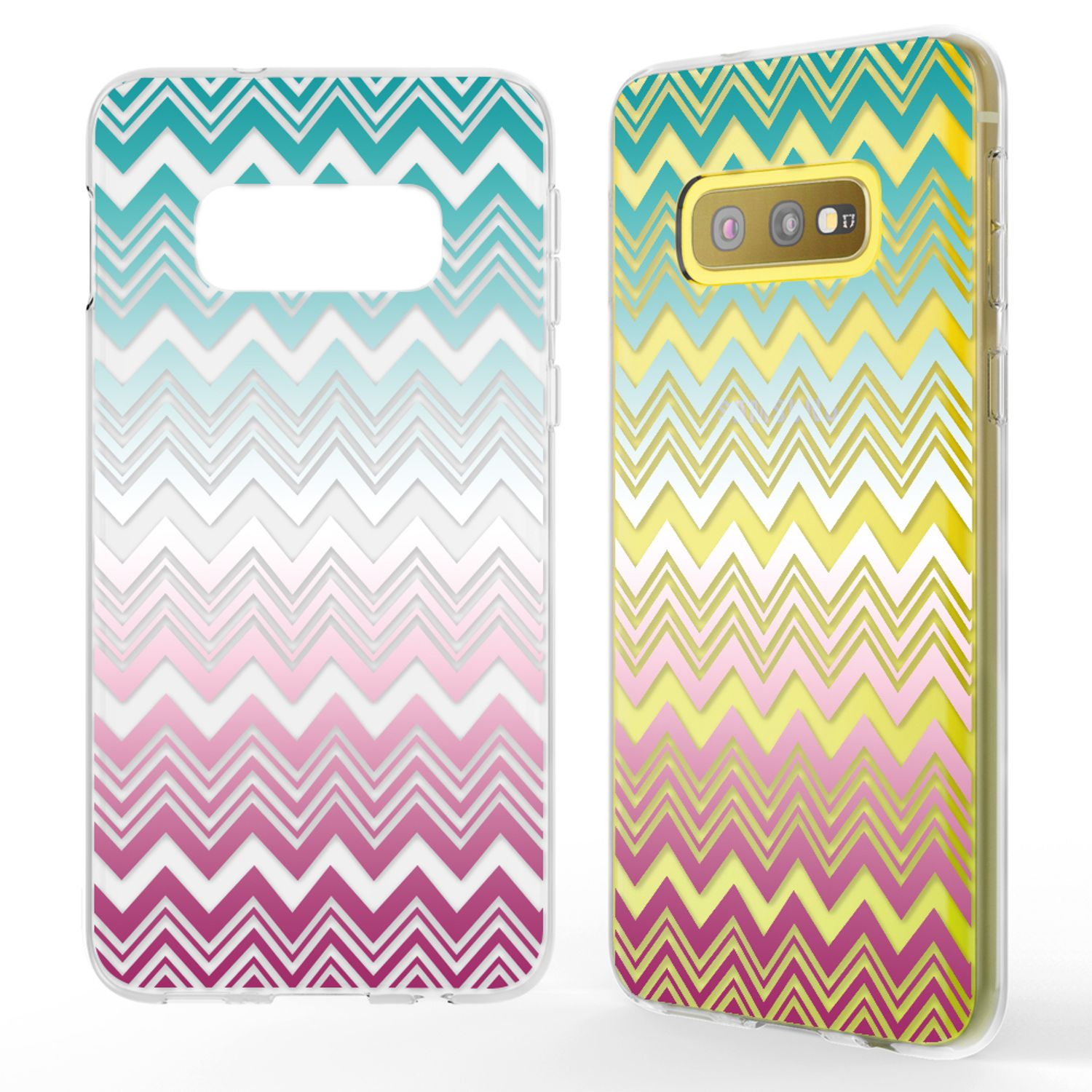 Coques de téléphone avec un motif en zigzag rose, violet et jaune.