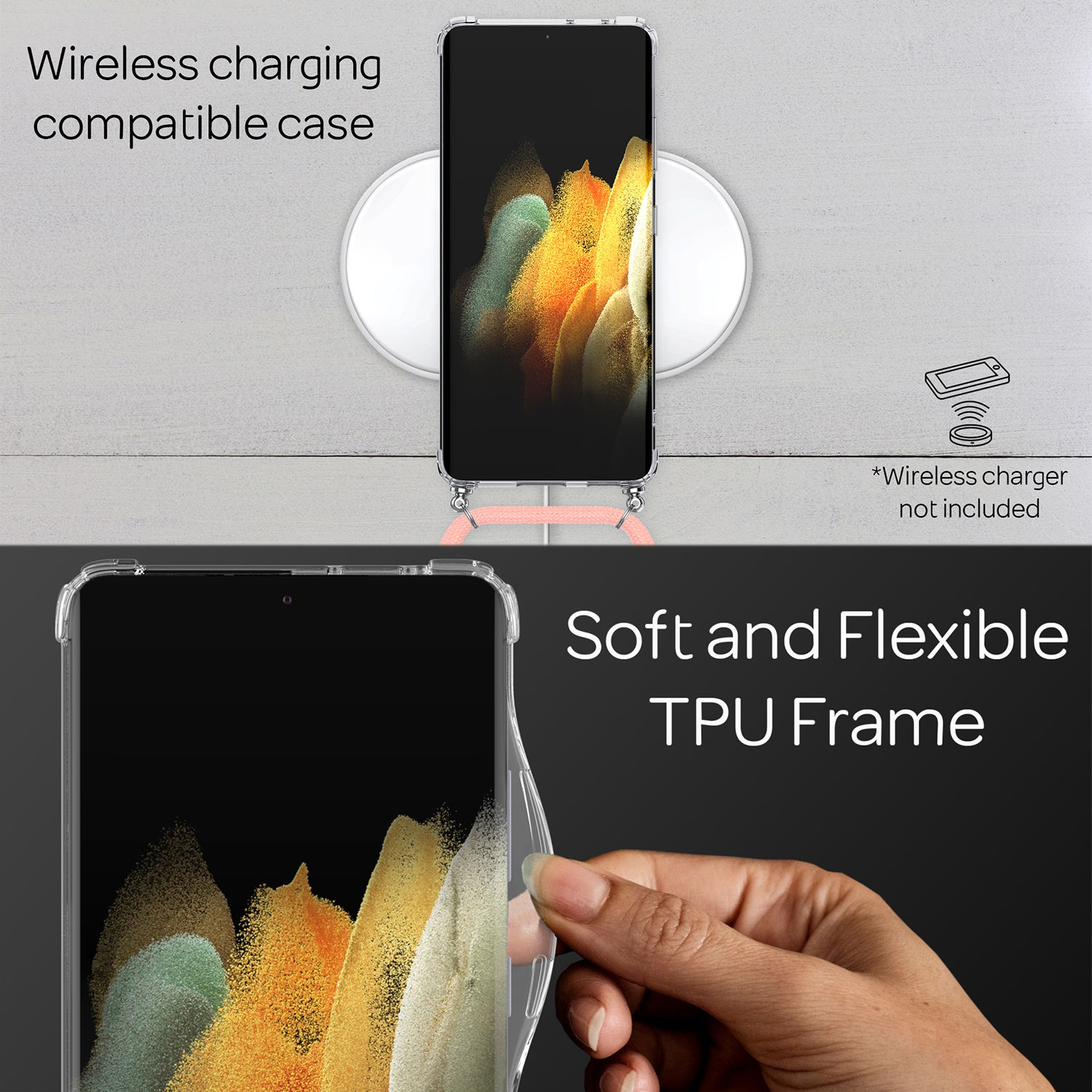 Téléphone sur chargeur sans fil, main tenant une coque flexible et texte.