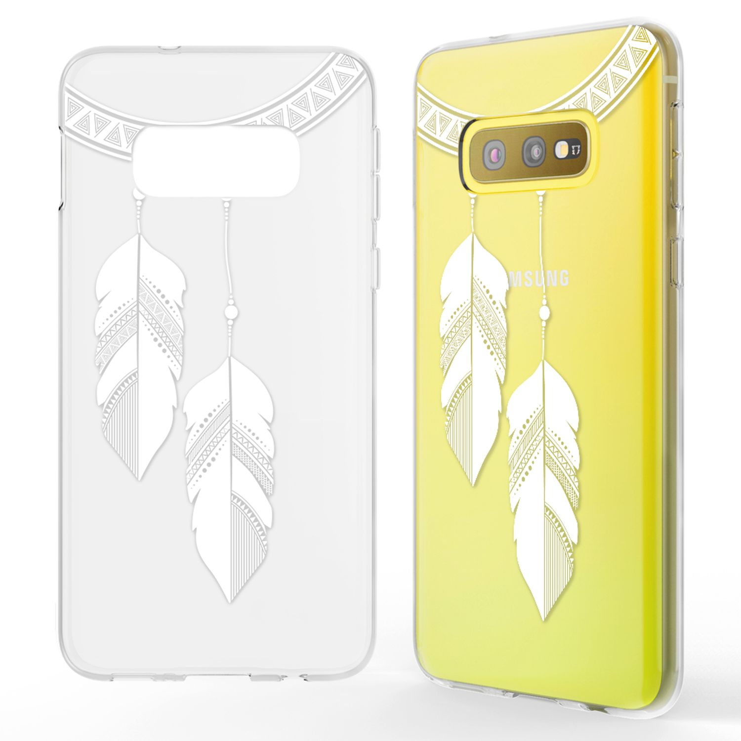Coque de téléphone avec un motif de plumes. Le téléphone affiche un fond dégradé jaune.