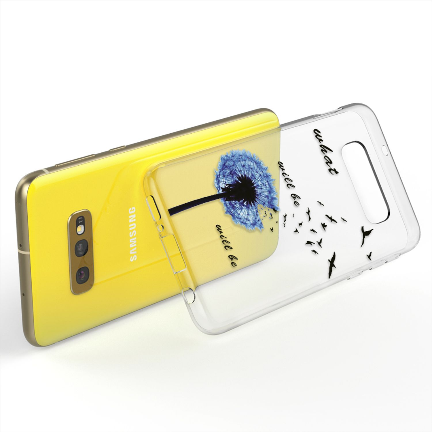 Ein gelbes Telefon mit einer durchsichtigen Hülle mit einem blauen Löwenzahn und Vögeln, mit den Worten „wird sein“.