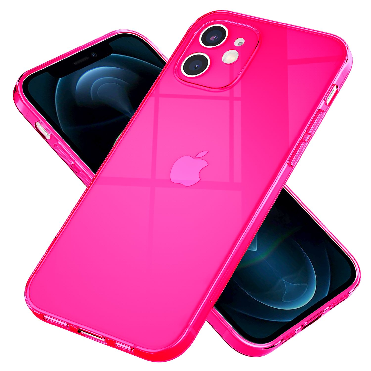 Zwei rosa iPhone-Hüllen, eine über der anderen. Beide haben ein glänzendes Finish.
