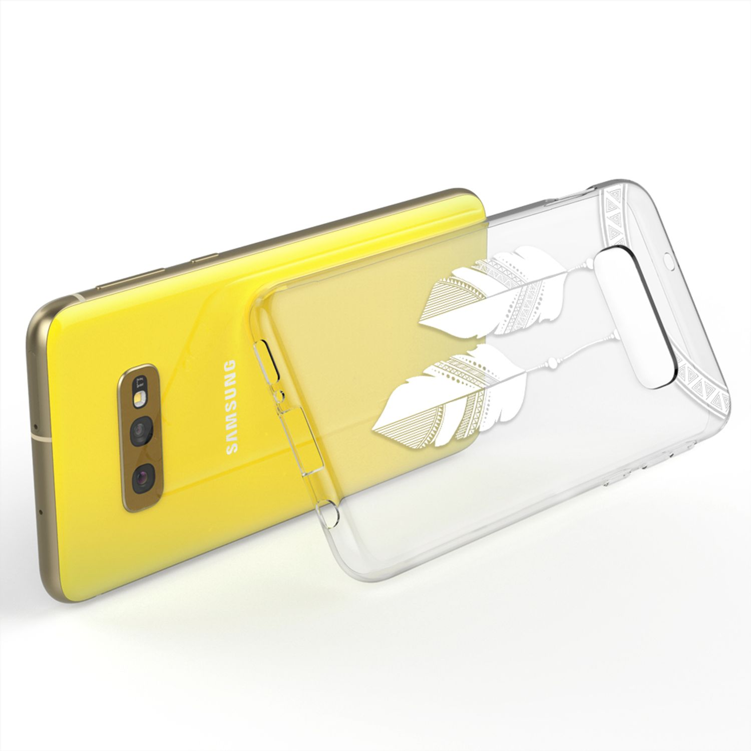 Ein gelbes Telefon mit einer transparenten Hülle mit Federdesign.