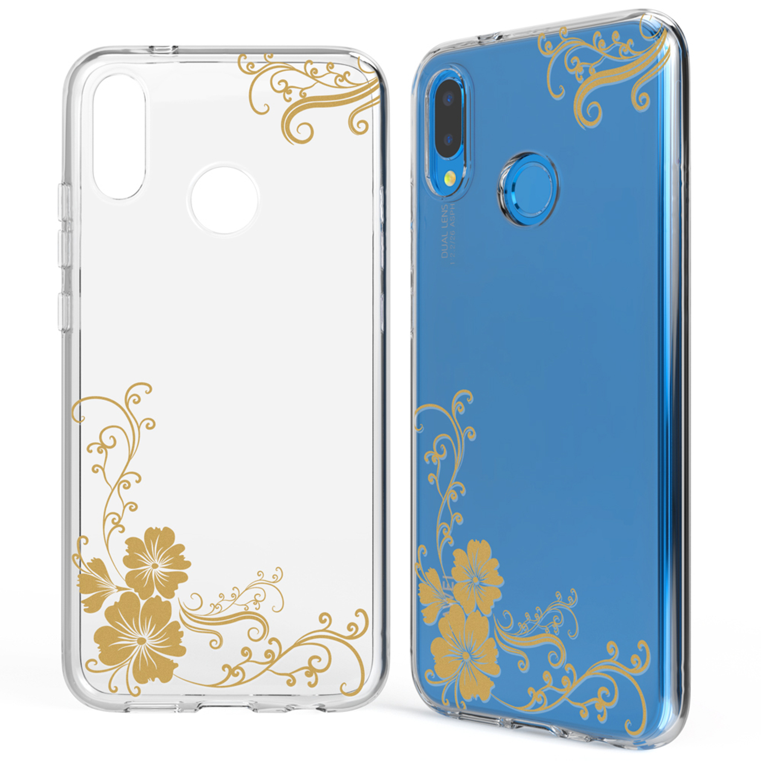 Transparente Handyhülle mit goldenem Blumendesign links und blaue Handyhülle.