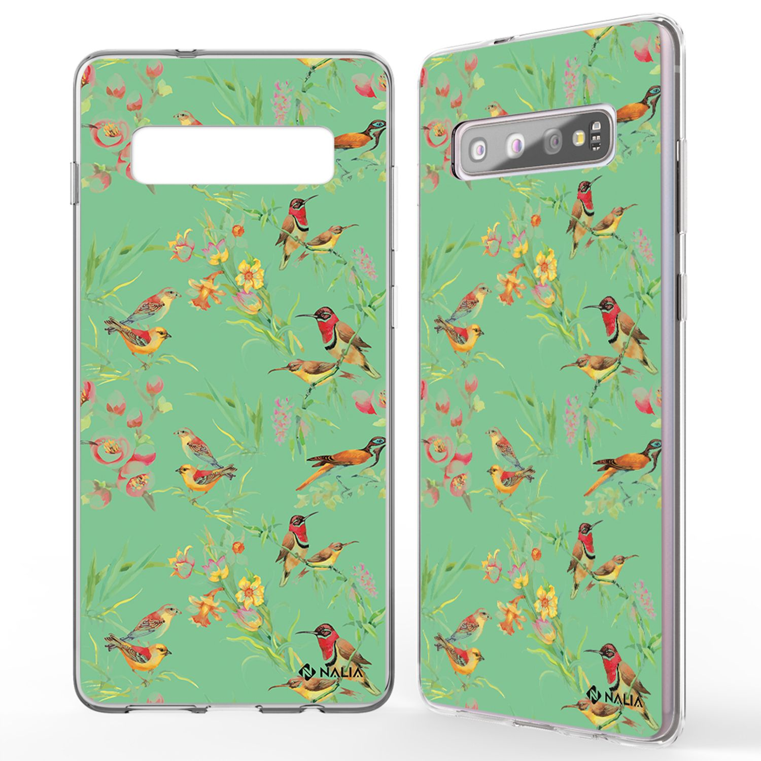 Zwei Handyhüllen mit grünem Hintergrund und Vogelillustrationen.
