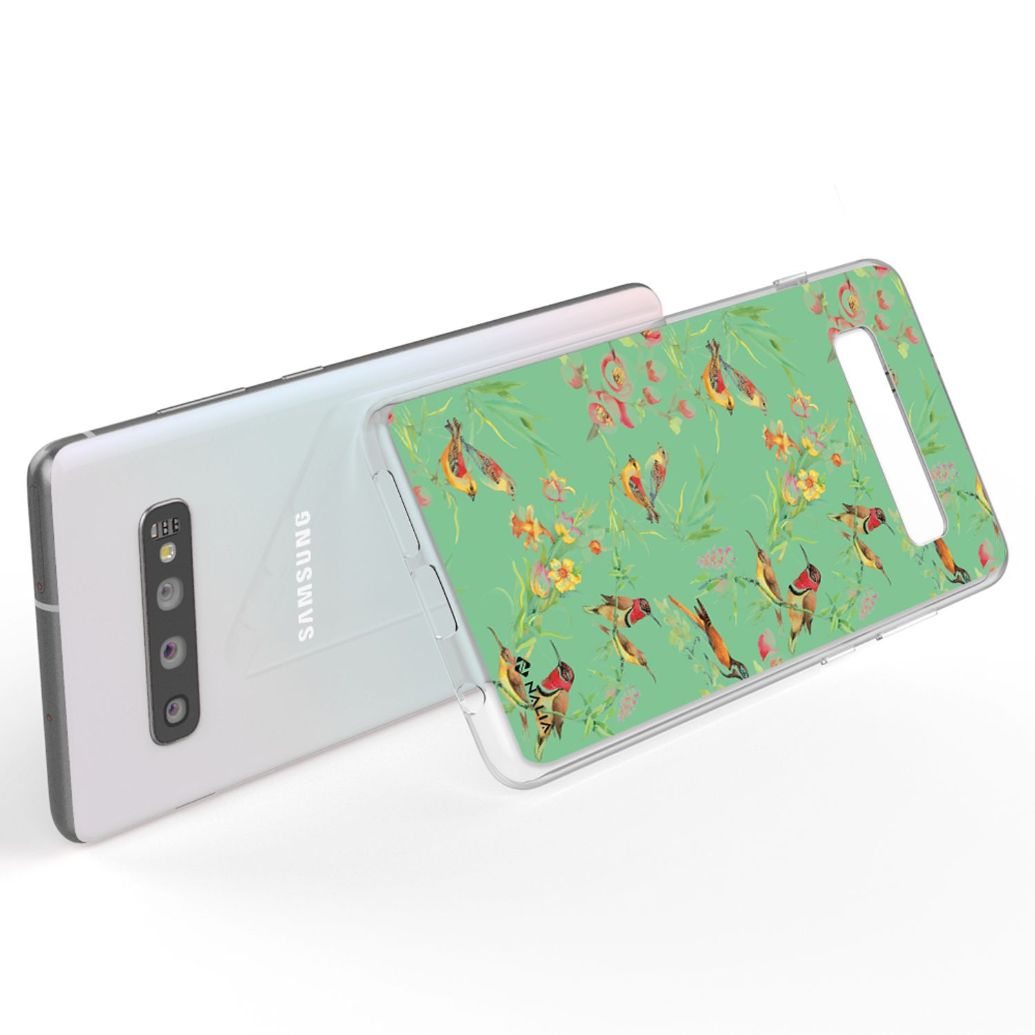 Weißes Telefon mit transparenter Hülle mit grünem Blumendesign mit bunten Vögeln.