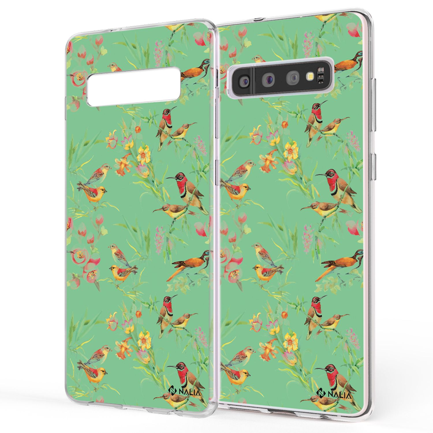 Zwei Handyhüllen mit Vogel- und Blumenmuster. Das Telefon ist grün.