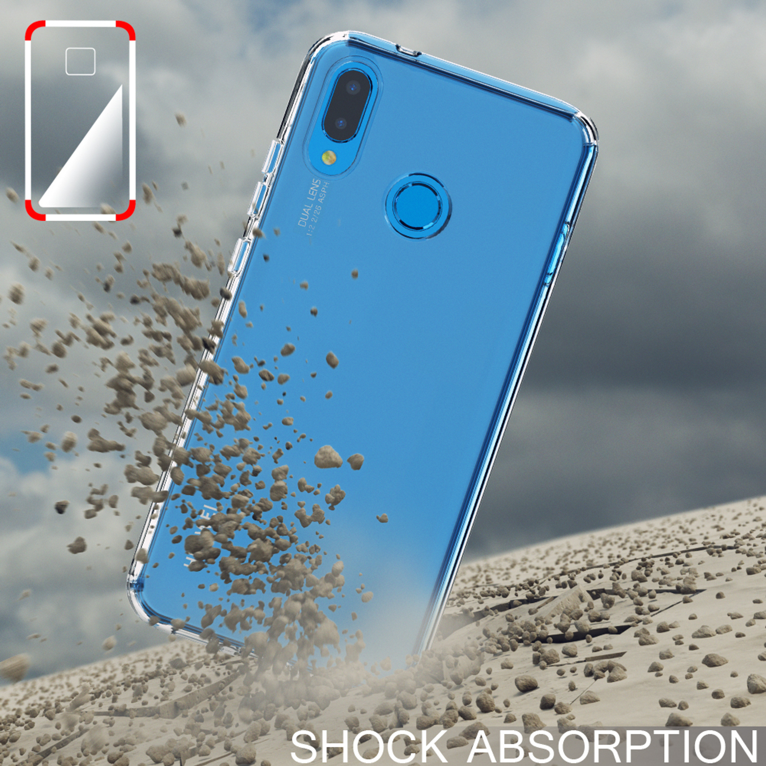 Eine blaue Handyhülle fällt, umgeben von Trümmern, mit dem Text 'Shock Absorption'.