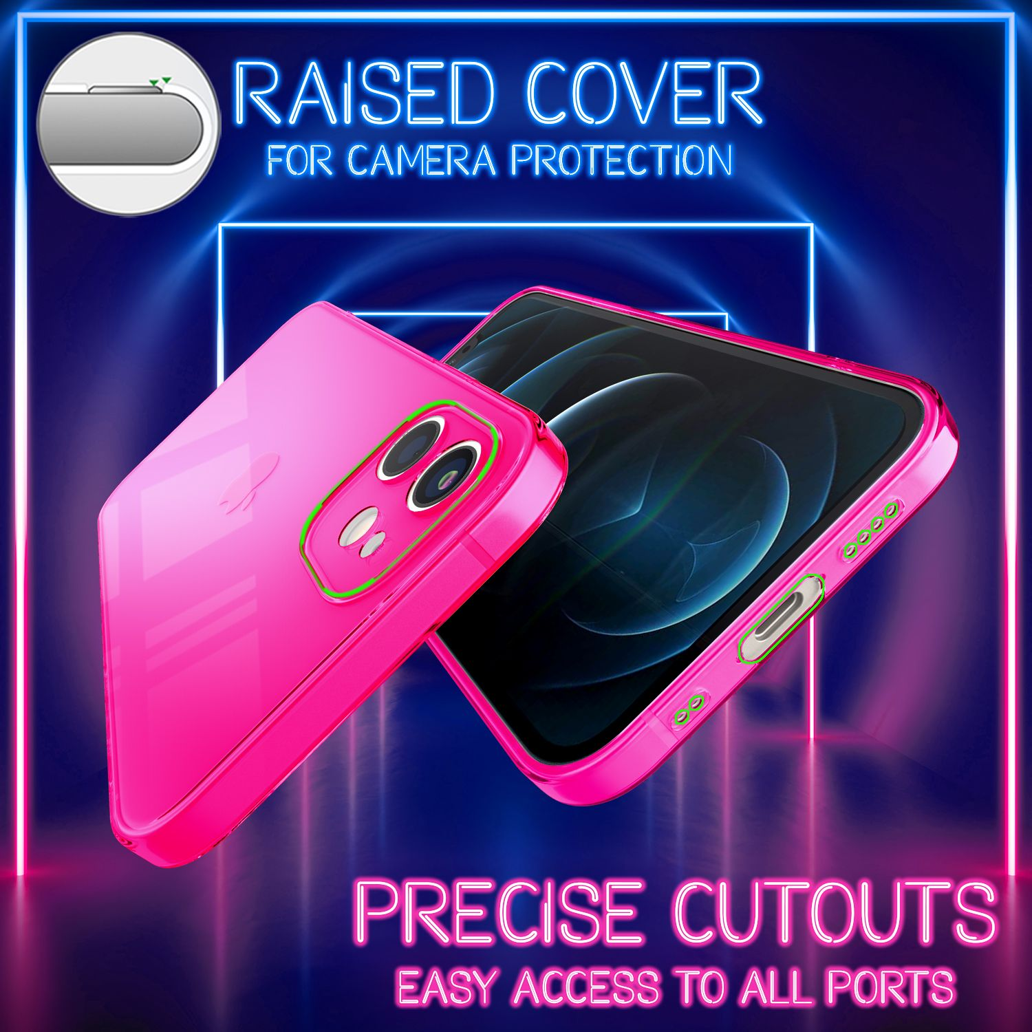 Eine pinke Handyhülle mit einem Telefon darin. Text: 'RAISED COVER FOR CAMERA PROTECTION', 'PRECISE CUTOUTS'.