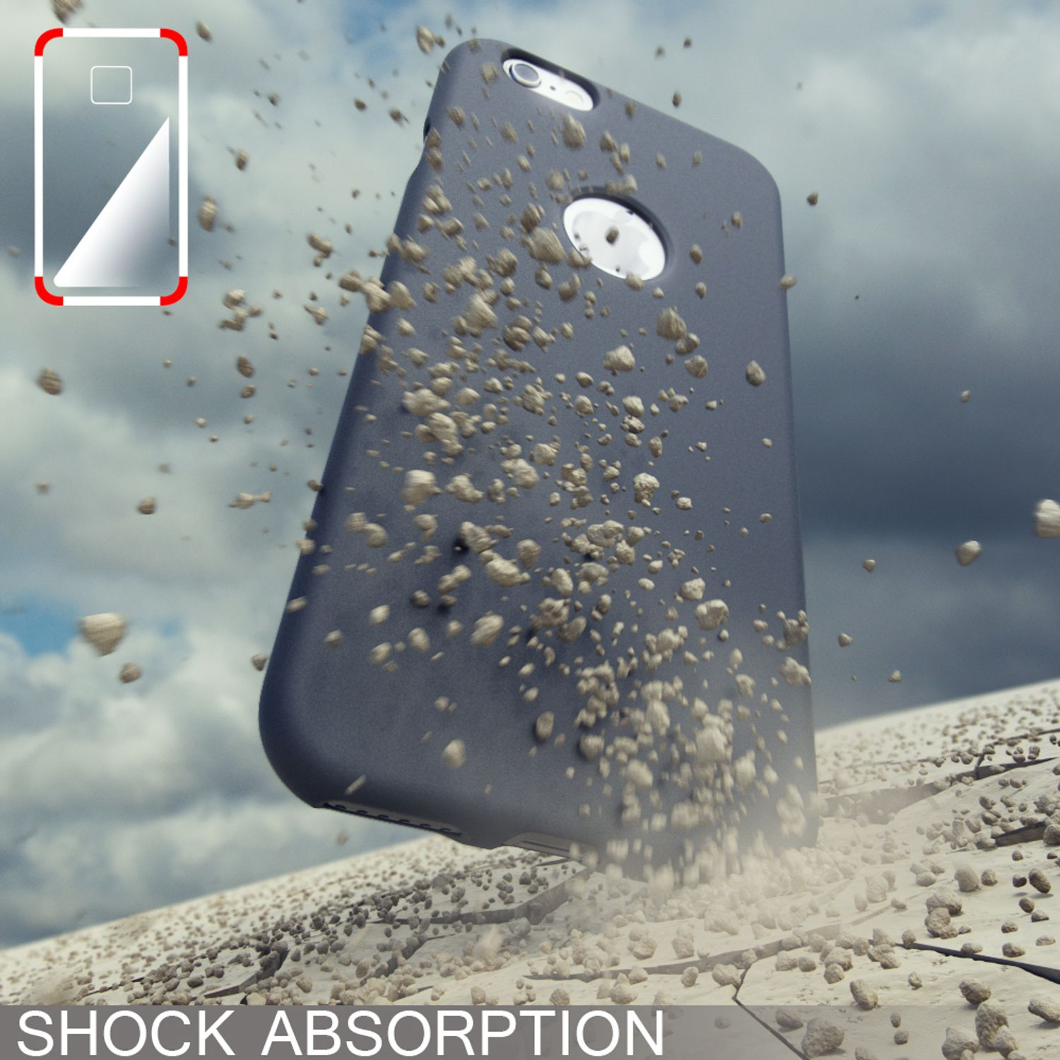 Ein Telefon in einer dunkelblauen Hülle. Schmutz fliegt von unten nach oben, mit den Worten „SHOCK ABSORPTION“.