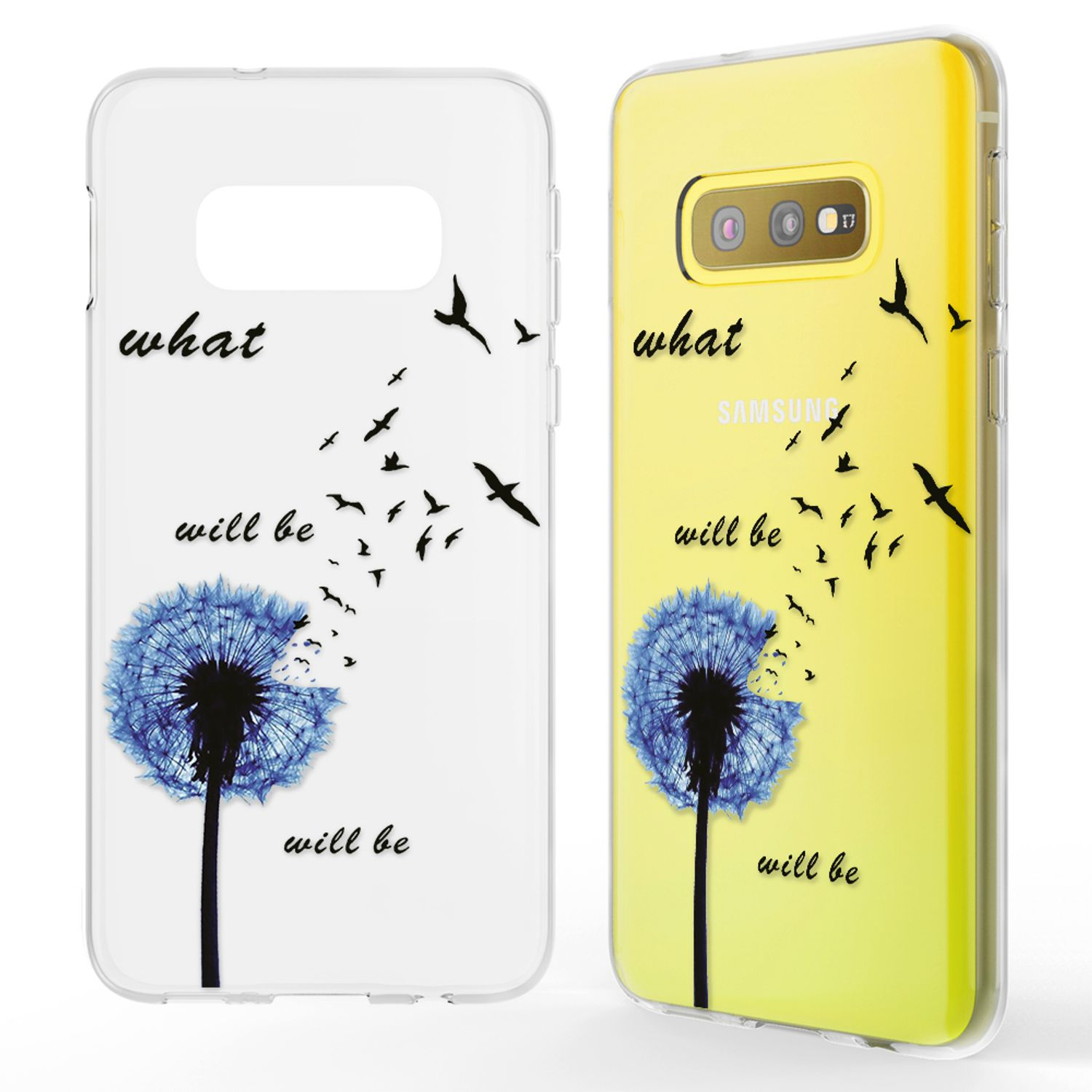 Zwei Handyhüllen mit einem Löwenzahnmotiv und den Worten „what will be“. Der Bildschirm ist gelb.