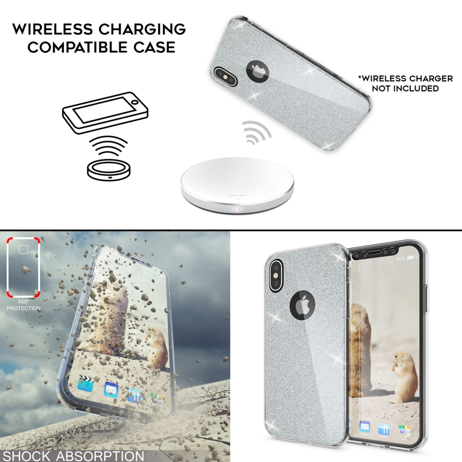 Transparente Handyhülle mit kabellosem Ladesymbol und Telefon auf Ladegerät. Zeigt auch Stoßdämpfung.