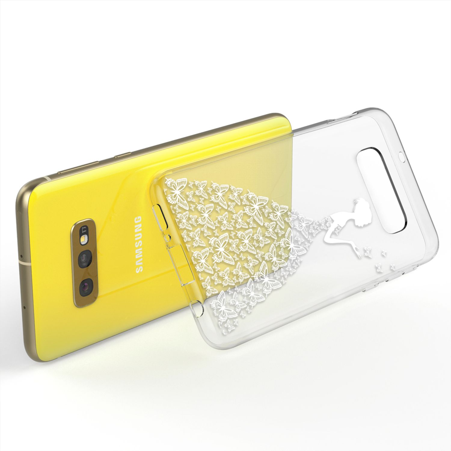 Un téléphone jaune avec une coque transparente avec un motif de papillon et une silhouette.