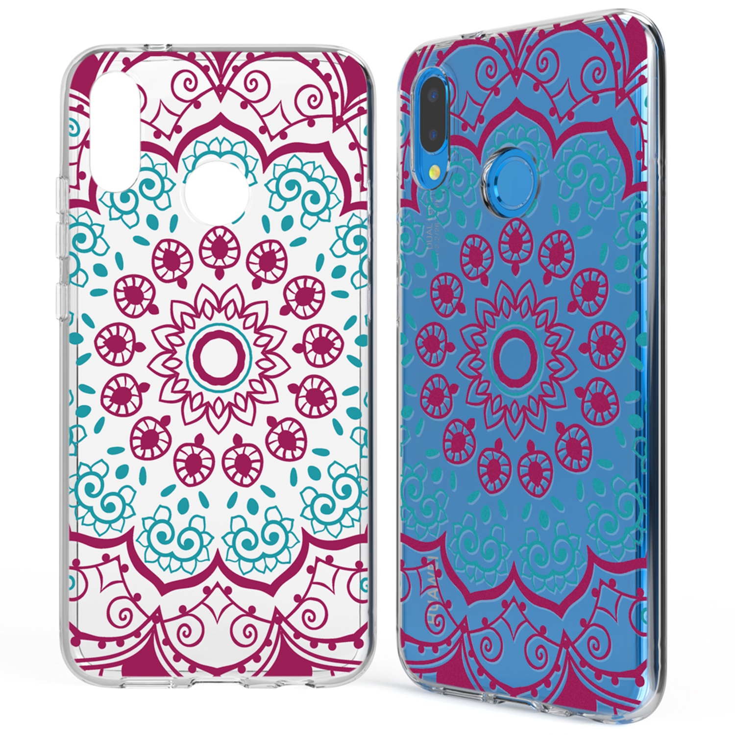 Zwei Handyhüllen. Eine weiße mit türkis- und weinrotem Blumendesign, die andere blau mit demselben Design.