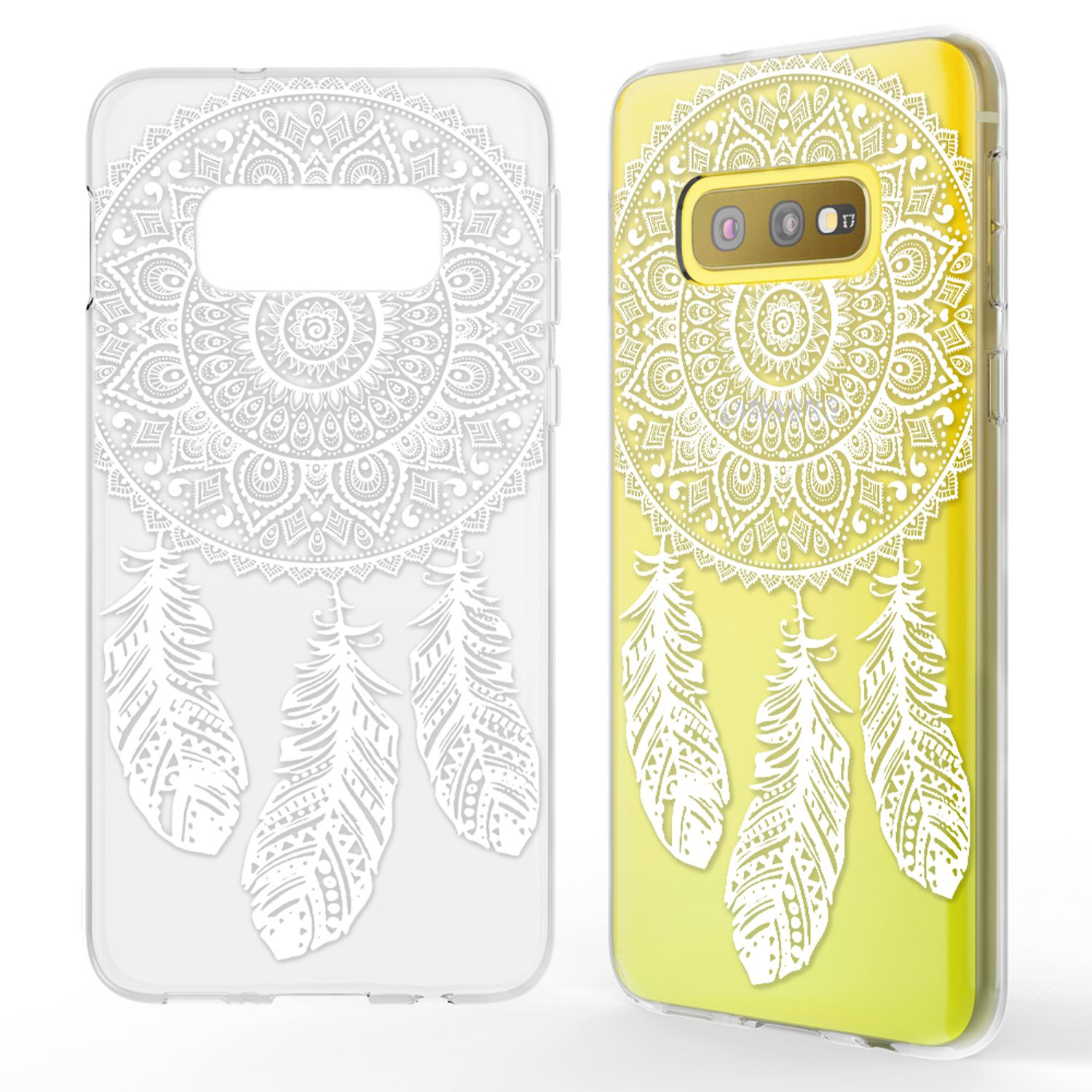 Transparente Handyhülle mit weißem Mandala und Federn. Rechts Handy mit gelber Hülle.