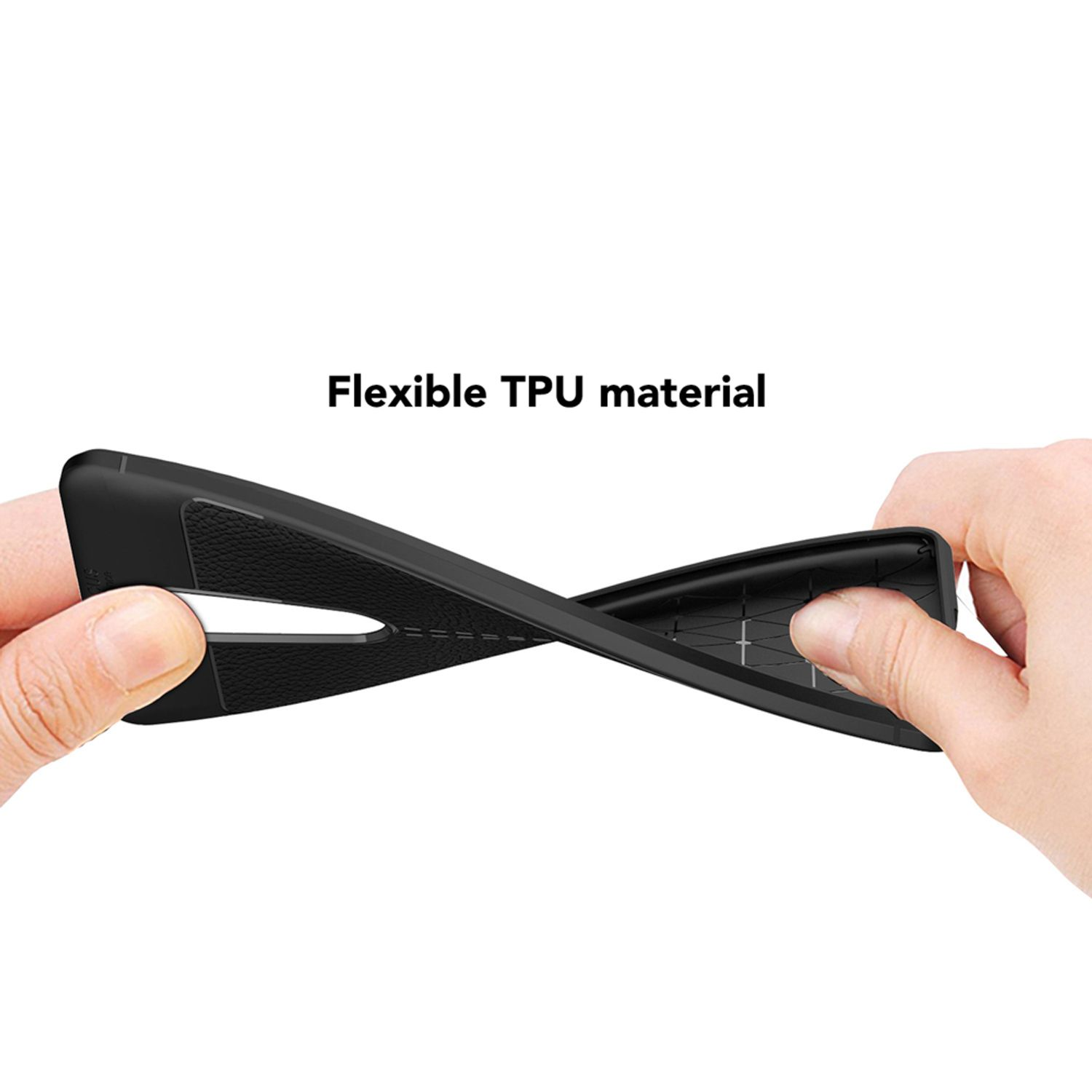 Eine schwarze Handyhülle wird gebogen, um ihre Flexibilität zu zeigen. Text: Flexibles TPU-Material.