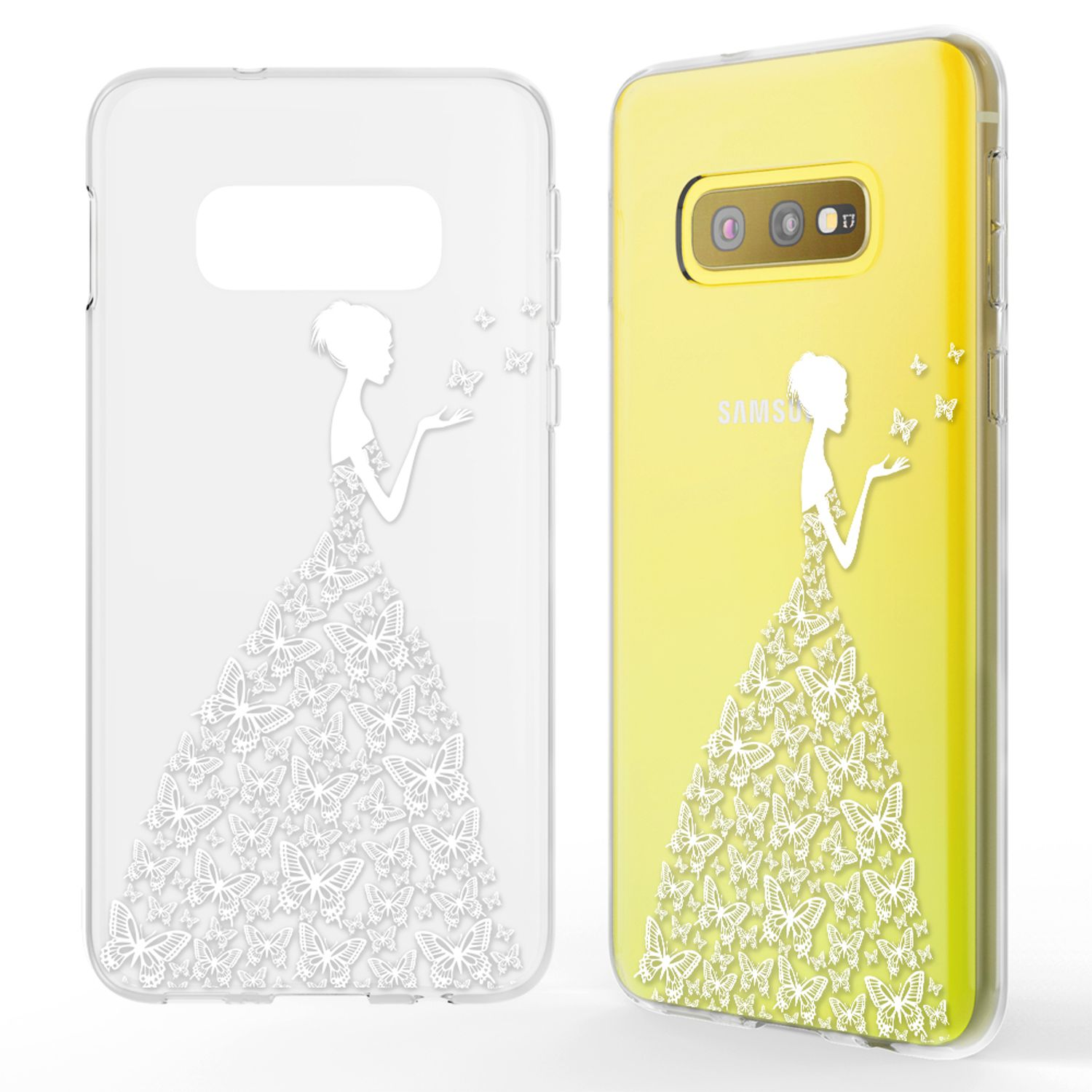 Handyhülle mit einem Kleid-Design aus Schmetterlingen. Das Telefon ist gelb.