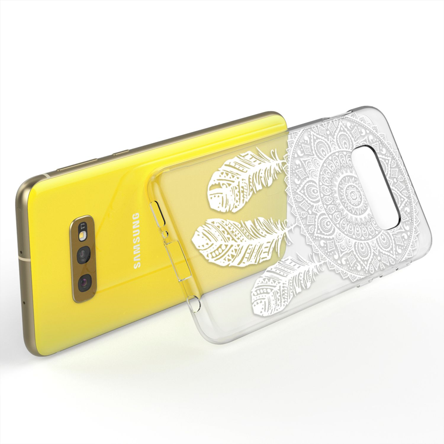 Gelbes Telefon mit einer transparenten Hülle mit Federdesigns auf der Rückseite.