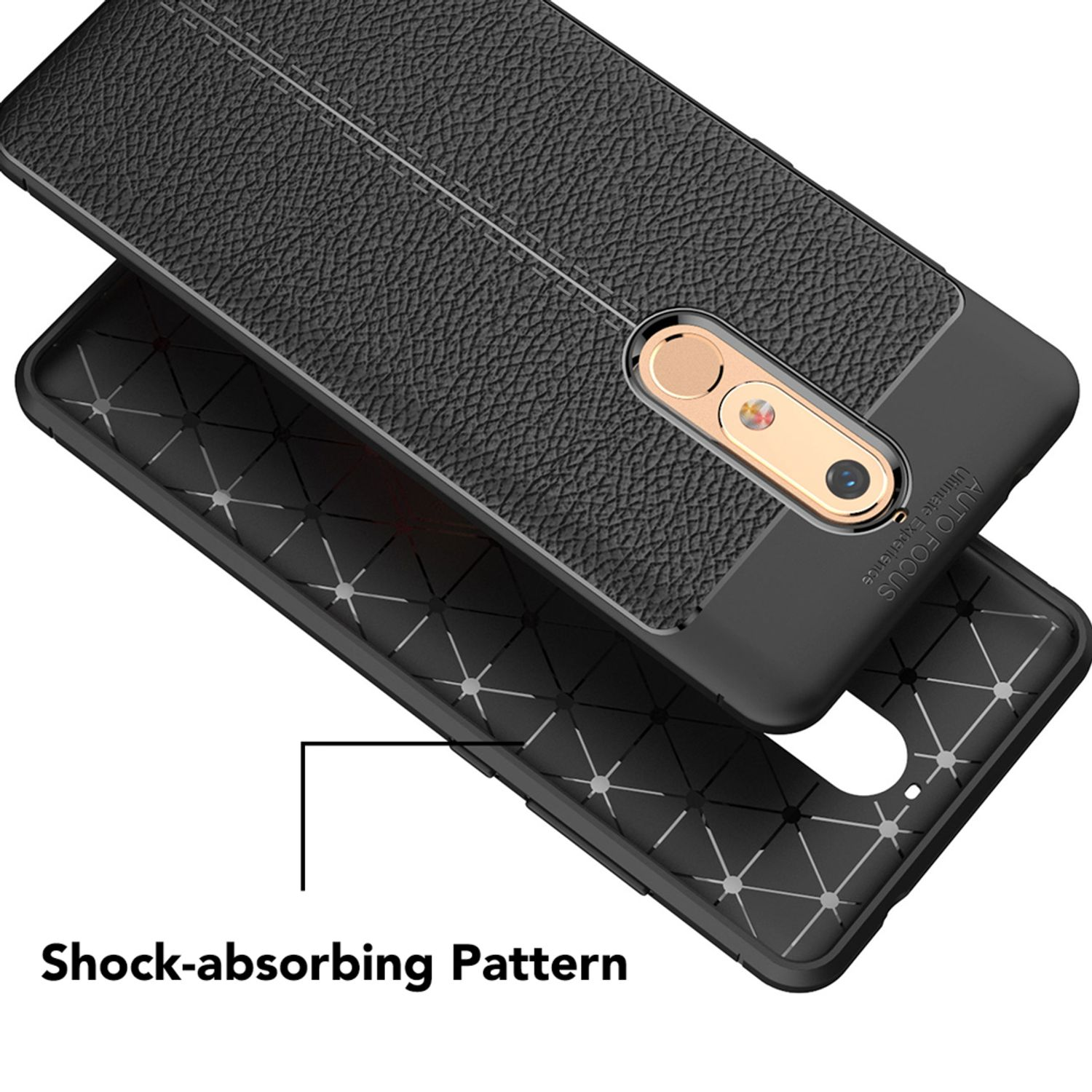 Schwarze Handyhülle mit strukturiertem Design. Die Hülle ist geöffnet mit stoßdämpfendem Muster innen.