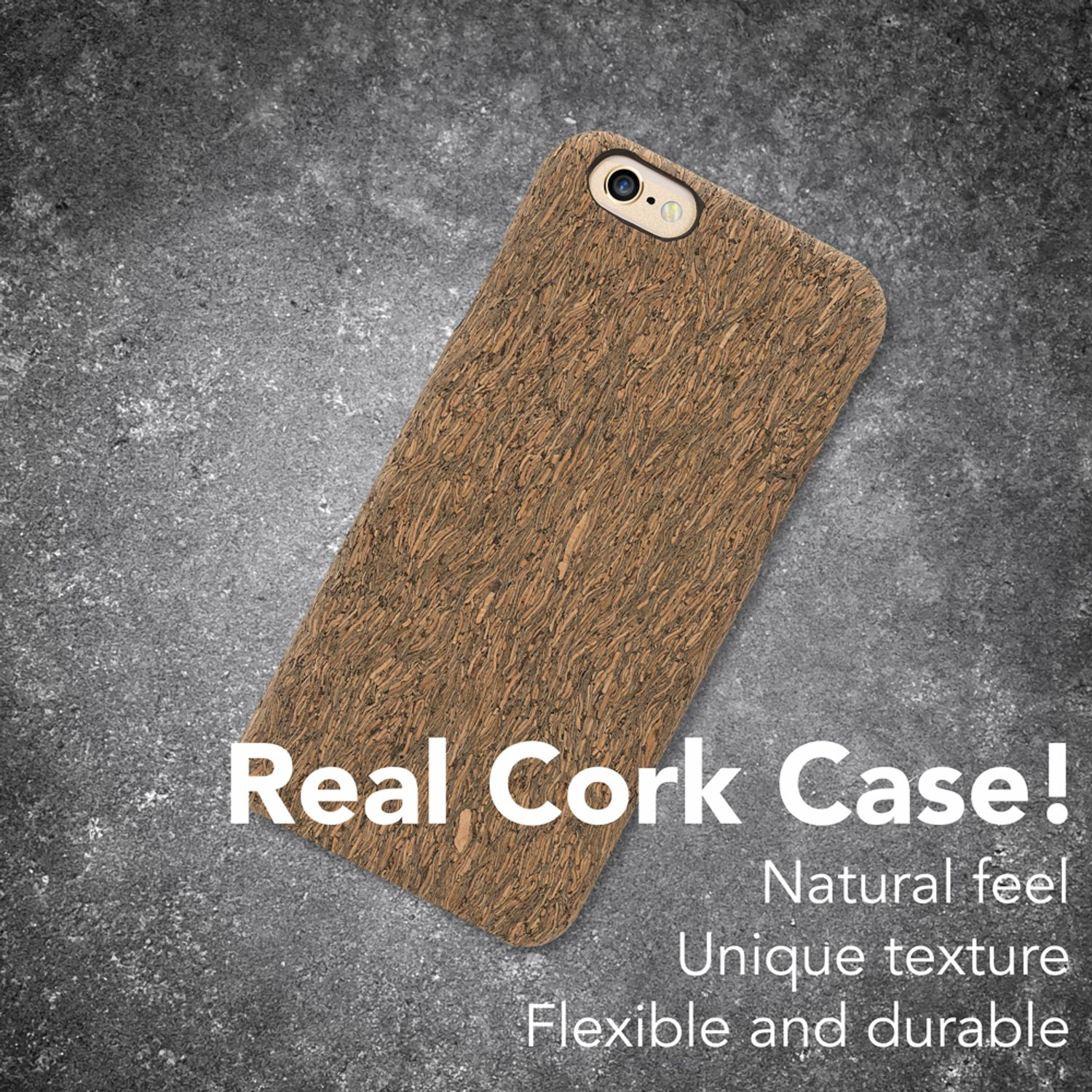 Kork-Handyhülle. Braune, strukturierte Hülle mit Kameraöffnung auf grau strukturierter Oberfläche. Text: Real Cork Case!