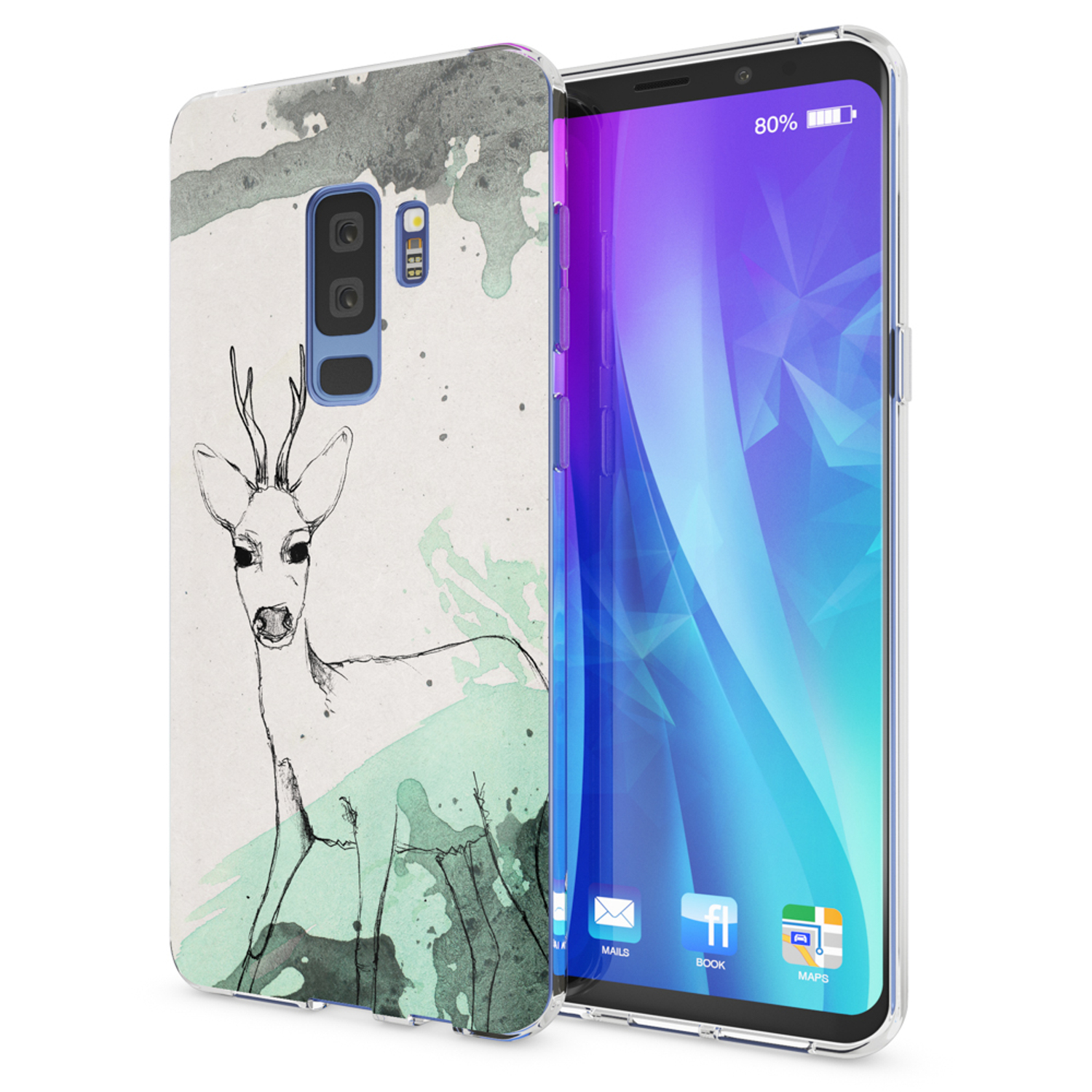 Telefon mit einer Hülle mit Reh-Design. Die Hülle hat eine Rehhzeichnung mit grünen Details.