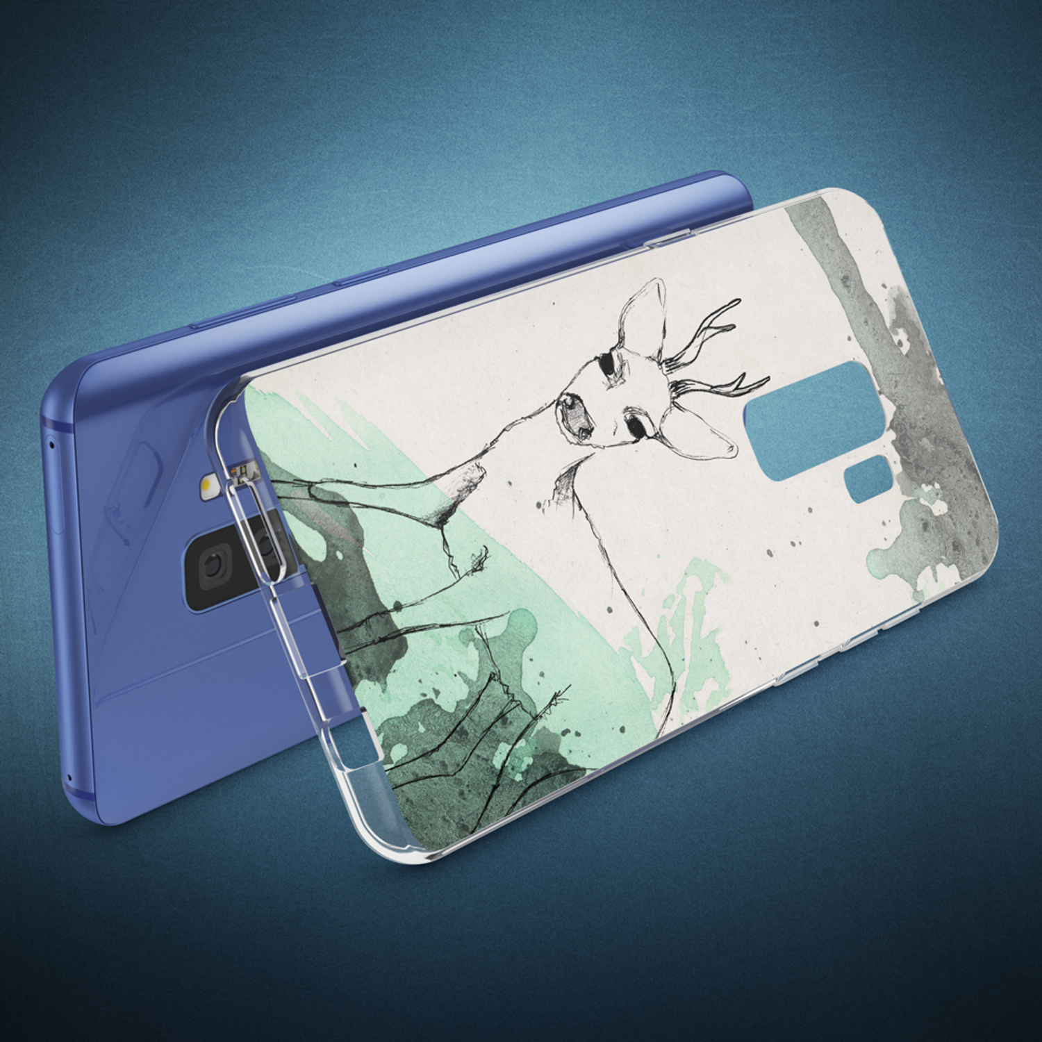 Handyhülle mit Hirschdesign. Eine Hirschskizze mit Aquarellakzenten auf einem blauen Telefon.