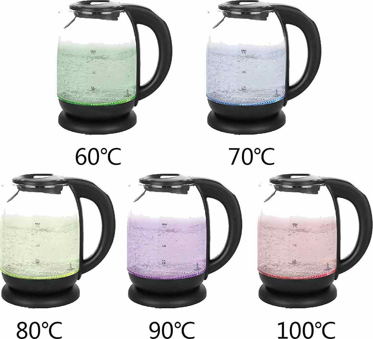 Fünf Glaskessel mit Wasser bei verschiedenen Temperaturen: 60°C, 70°C, 80°C, 90°C und 100°C, mit Farbindikatoren.