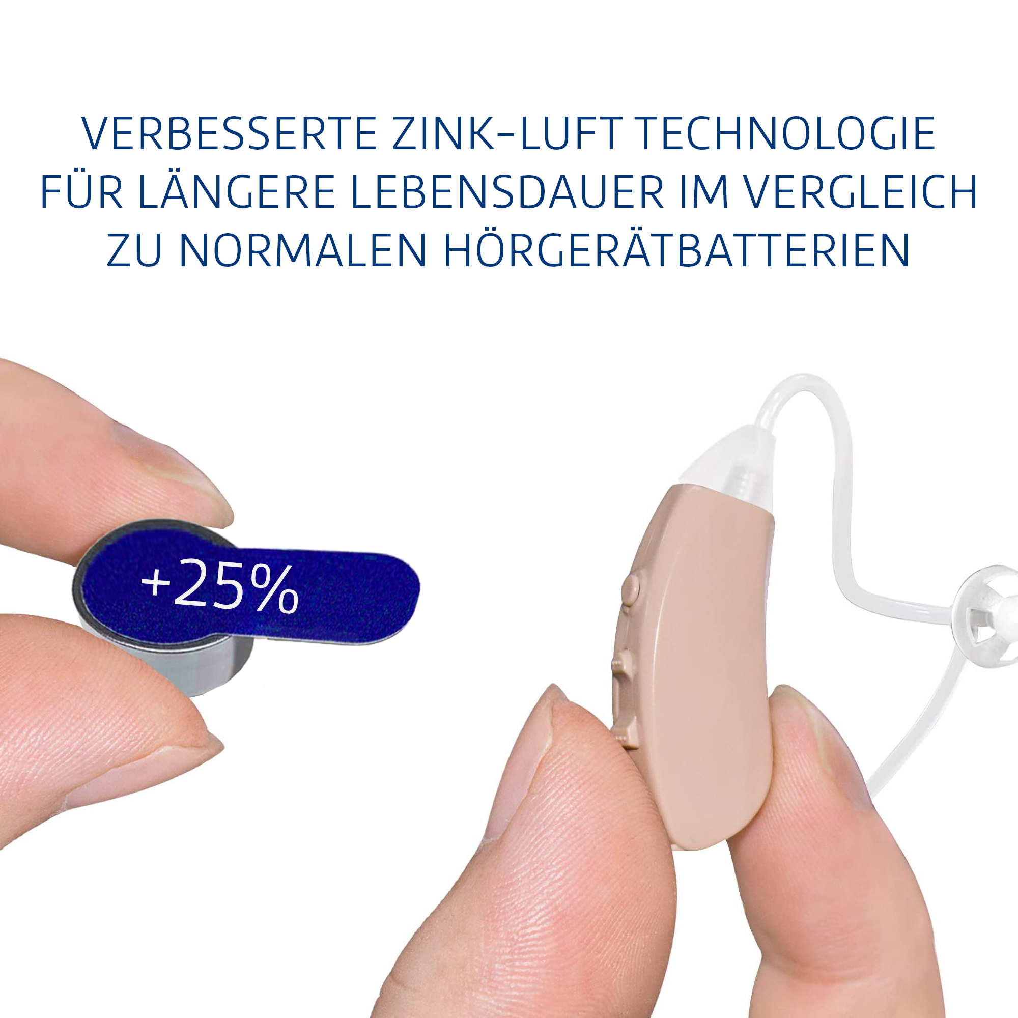 Ein Hörgerät mit einem blauen Batterielaschen und einem Text über verbesserte Zink-Luft-Technologie.