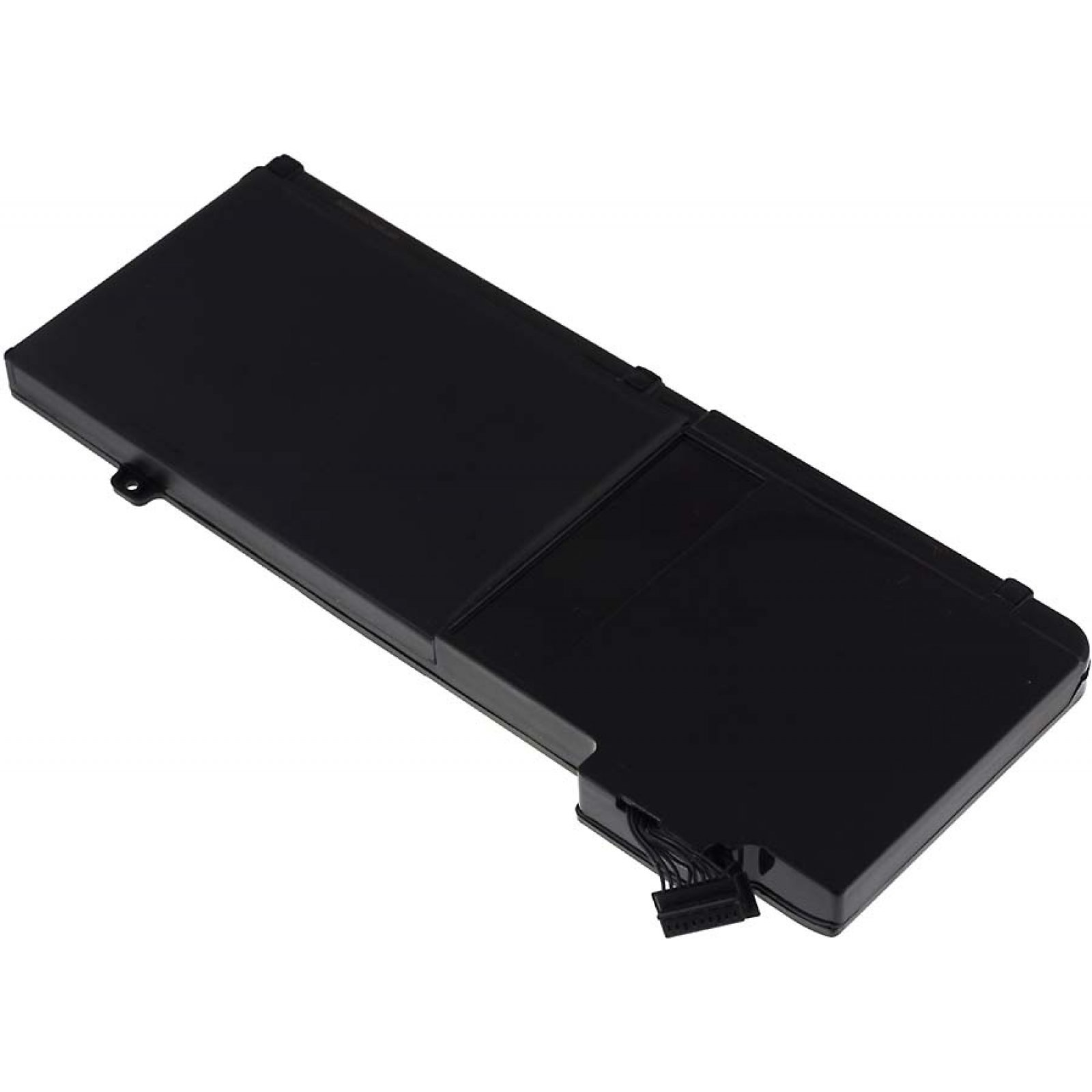 Batería de portátil negra con conector y otros componentes, abierta.