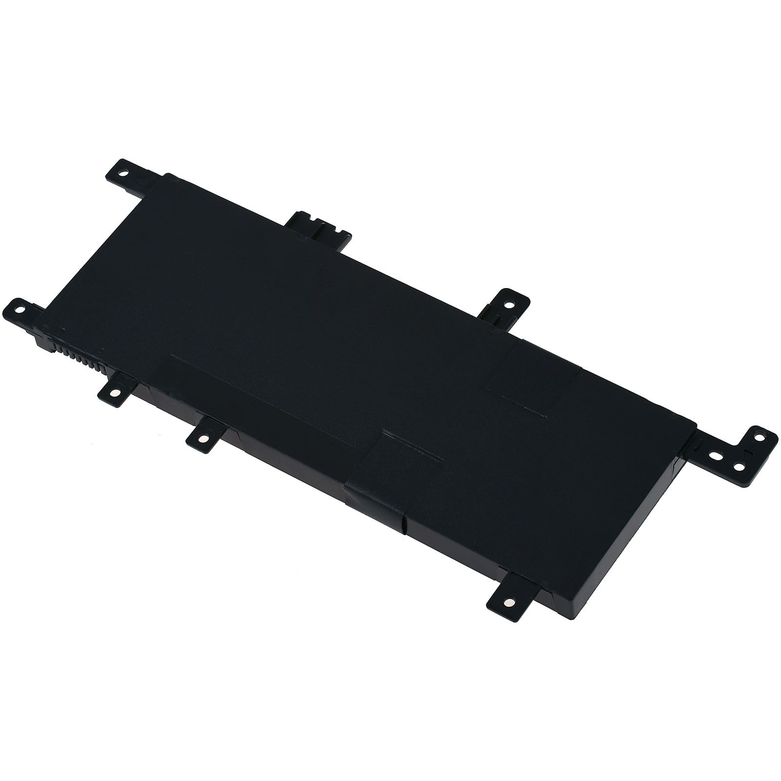 Batería negra para portátil. La batería tiene forma rectangular con orificios para tornillos. Fondo blanco.