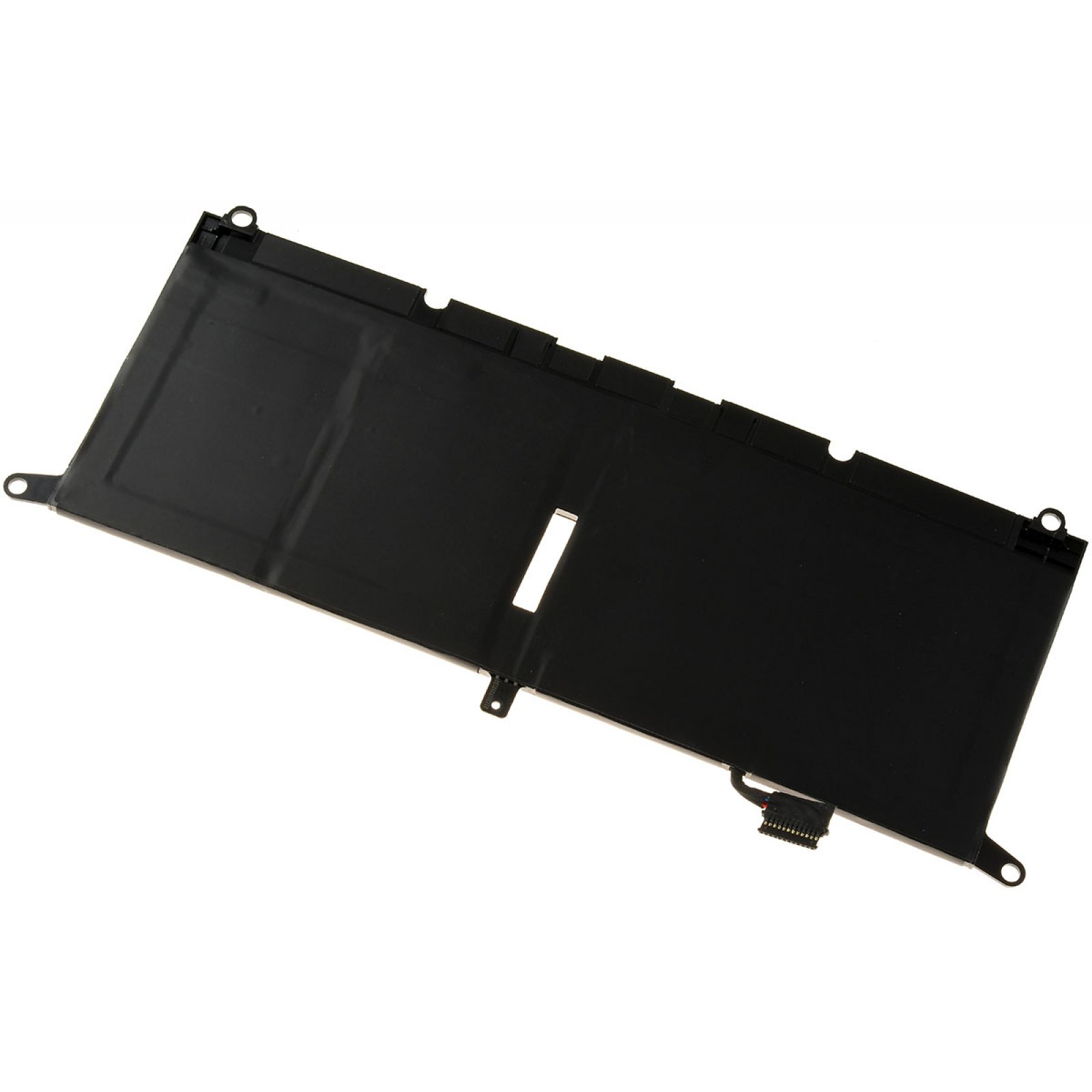 Batería negra de portátil con forma rectangular, conectores laterales.