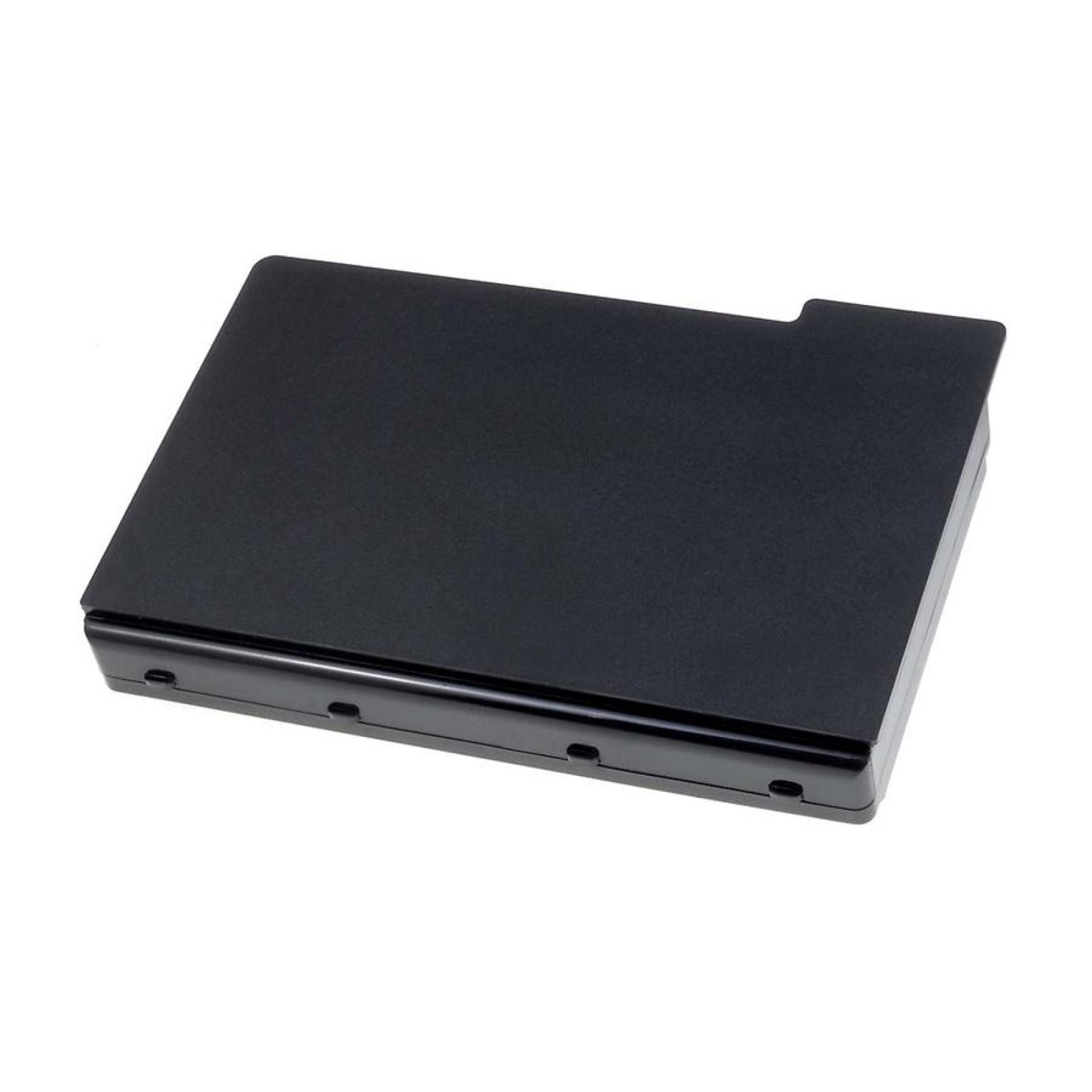 Dispositivo rectangular negro con pequeños agujeros. Parece ser una batería o componente similar.