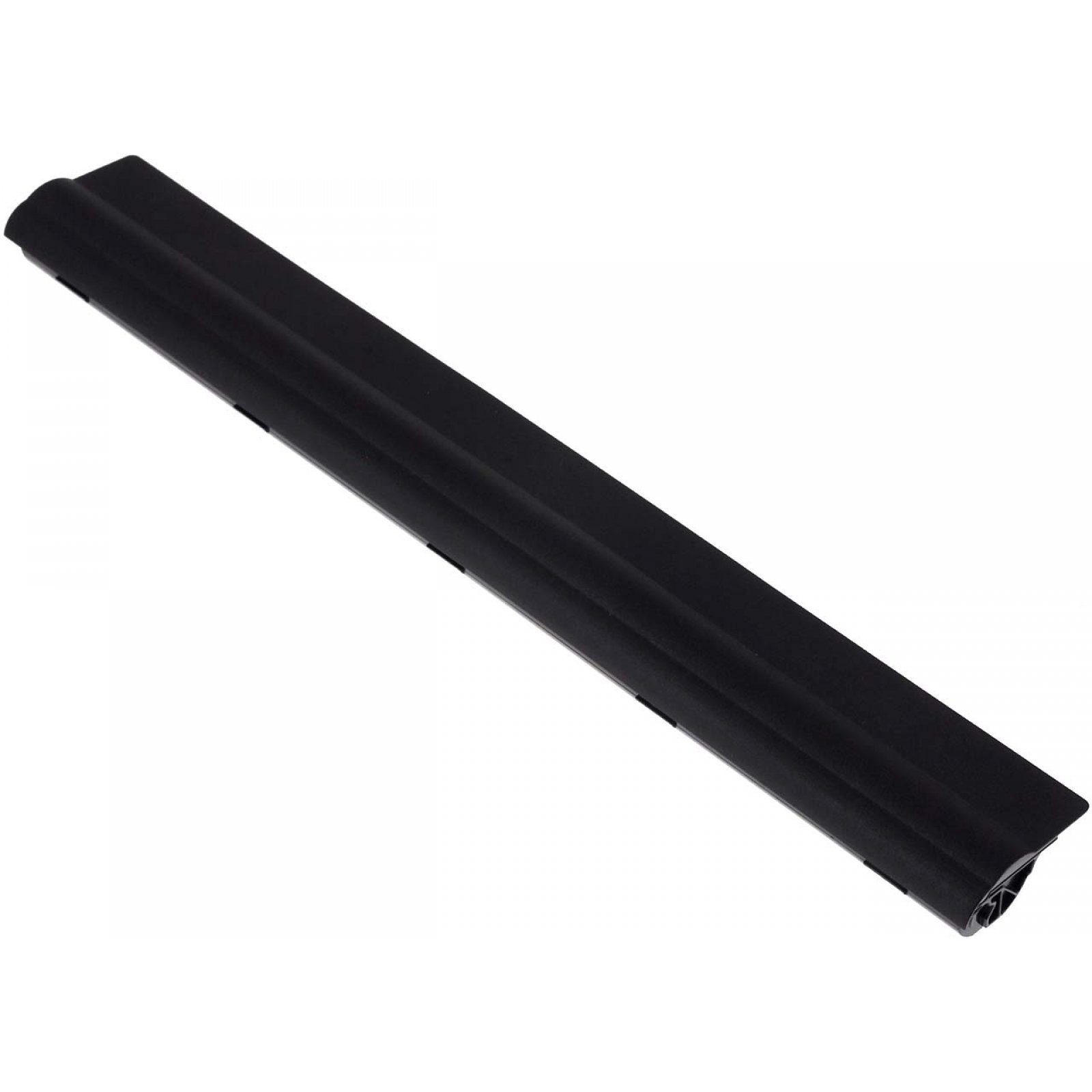 Batería negra de portátil. Forma rectangular, vista en ángulo.