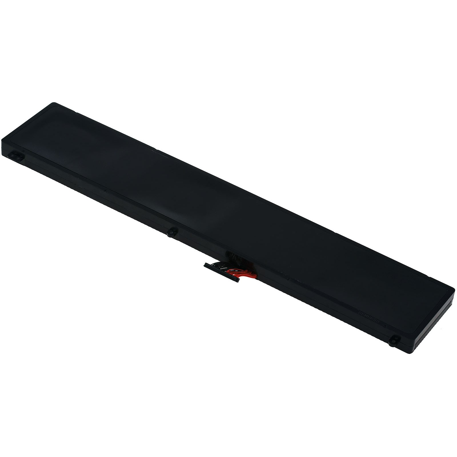 Batería negra de portátil, forma rectangular, sobre fondo blanco, vista superior.
