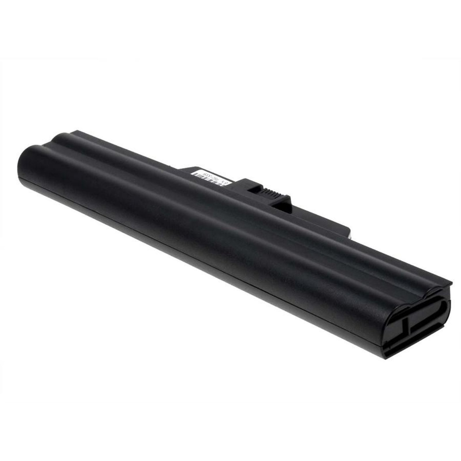 Batería negra para portátil. Forma rectangular con un conector en un extremo.