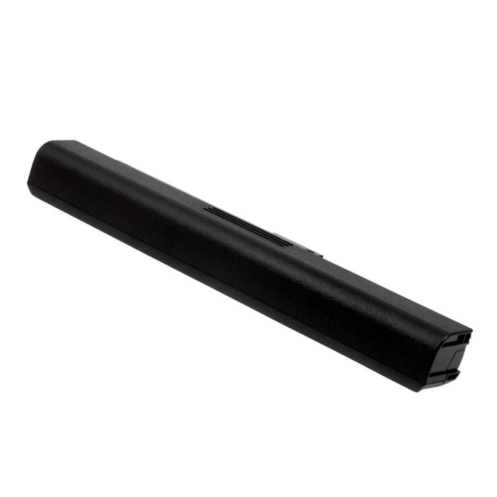 Una batería larga, negra, rectangular, con la parte superior ligeramente curvada y un extremo conector.