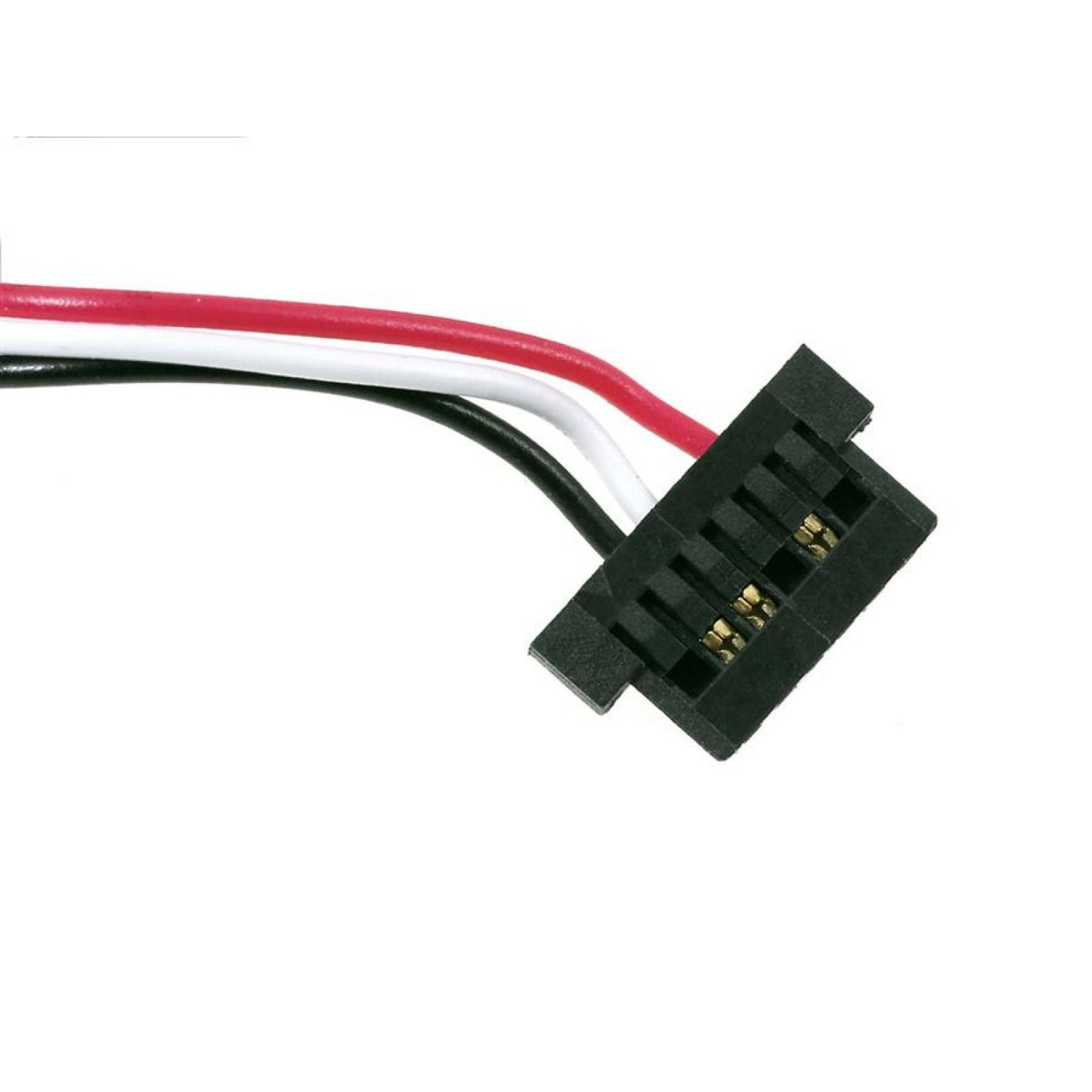 Primer plano de un conector con cables, blanco, rojo y negro, sobre fondo blanco.