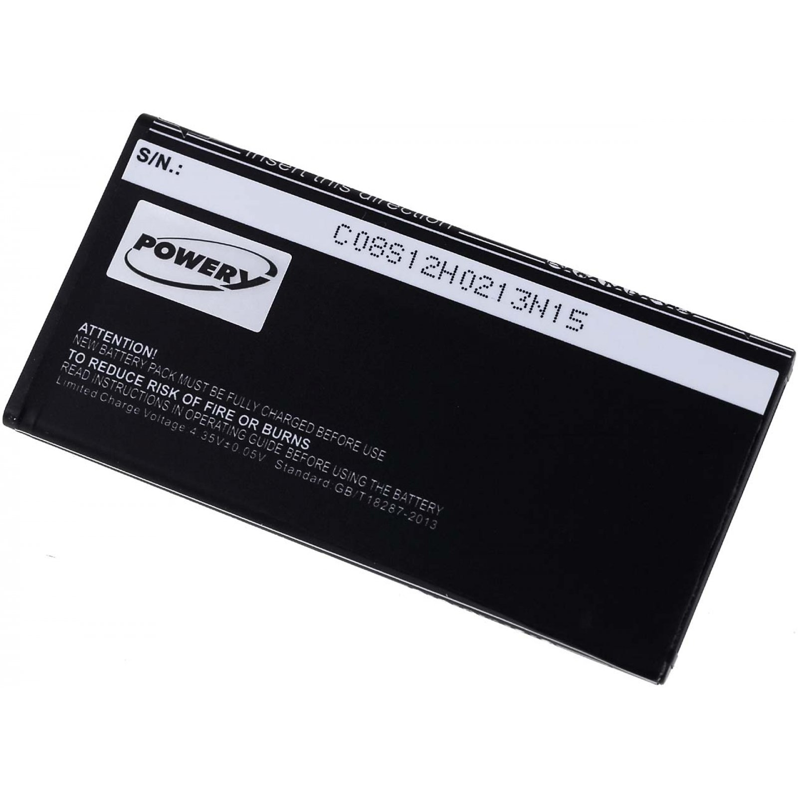 Un paquete de batería rectangular negro con etiquetas. El texto incluye 'POWER', 'S/N' y advertencias sobre el uso.