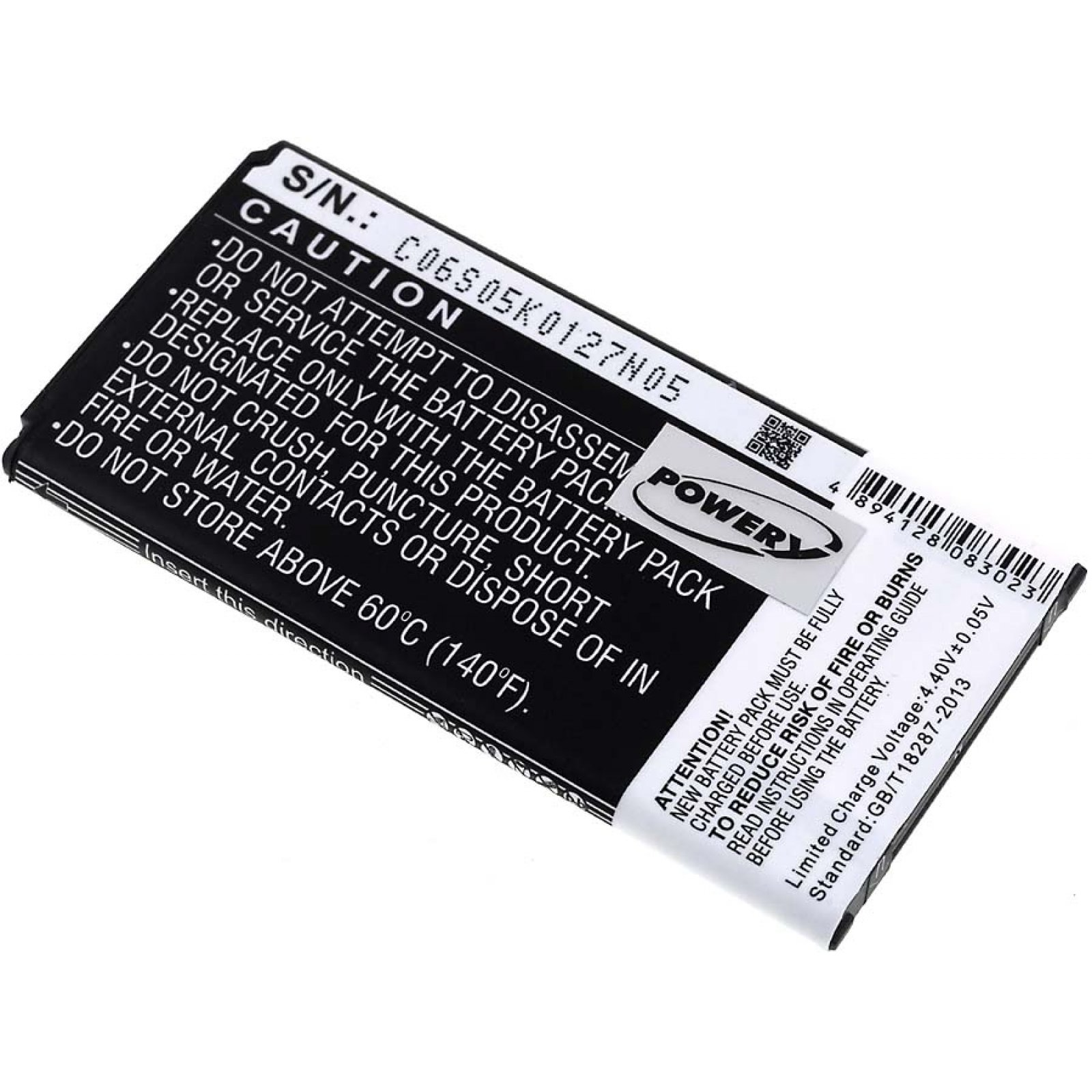 Etiqueta de batería, fondo blanco. Contiene avisos de seguridad, código QR, logo.