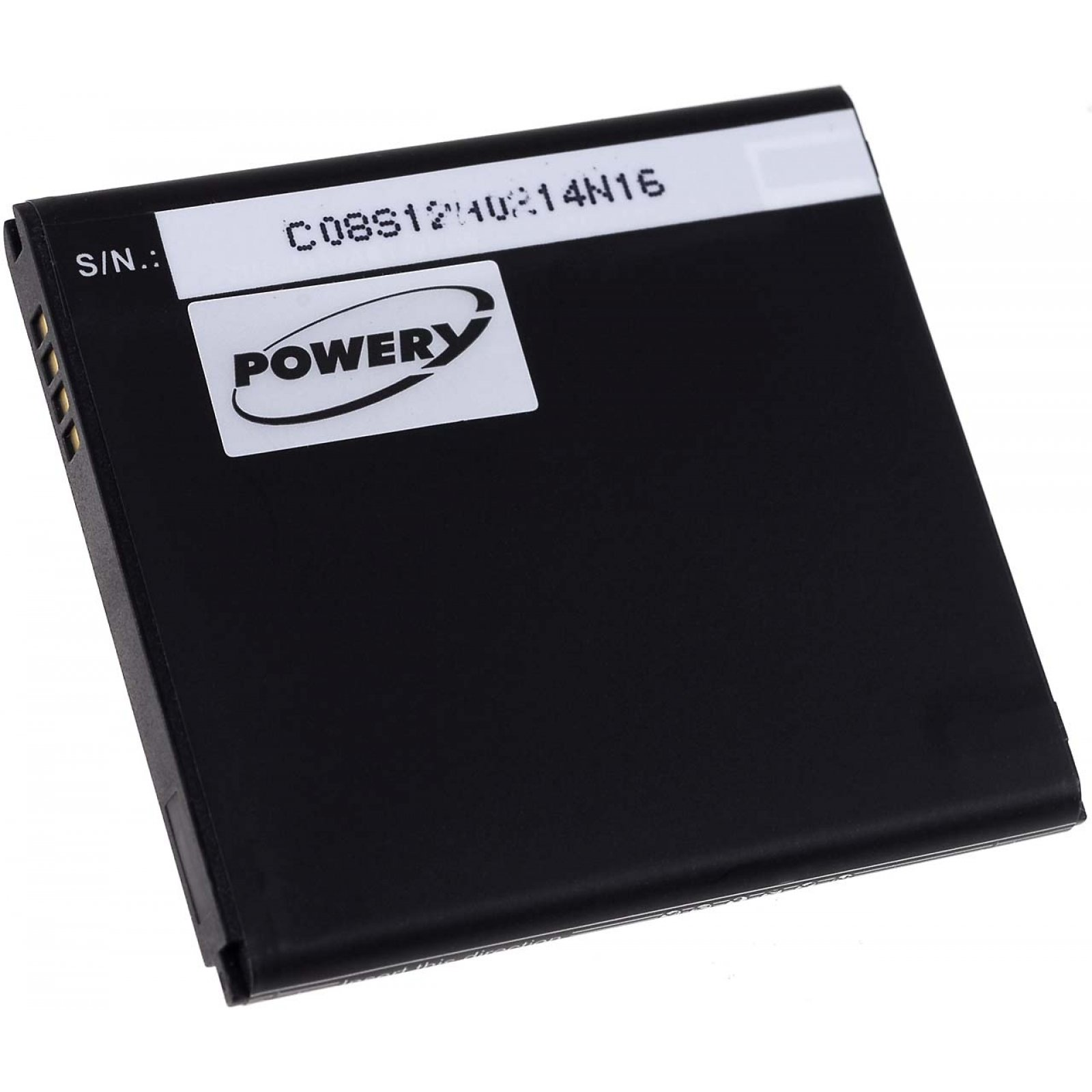 Una batería negra con una etiqueta blanca "POWERY" y número de serie.